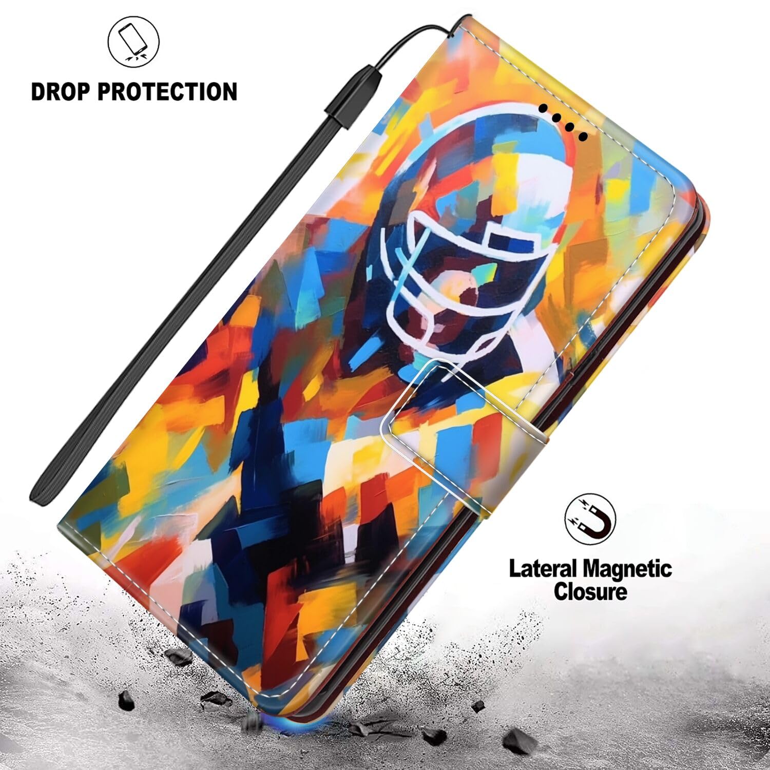 Premium PU Leather Wallet Case for Moto One Vision & P40 - Magnetic Stand, Card Holder & Shockproof Design with Wrist Strap | American Football Rugby Art Print | Perfect for Daily Use, Travel & Business Meetings