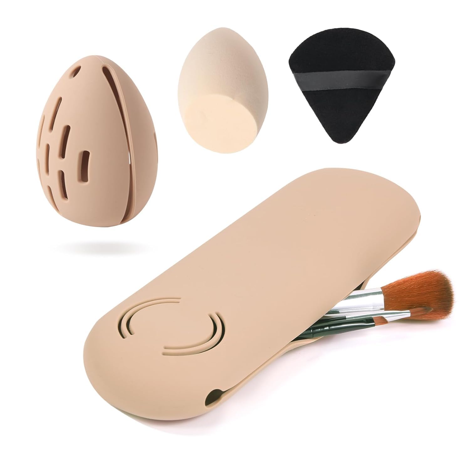 Large Silicone Makeup Brush Holder & Sponge Organizer Set - 7 Piece Travel Makeup Brush Bag with Blender Case & Powder Puff Storage (Khaki) | Perfect for Travel, Home Vanity & Professional Makeup Artists