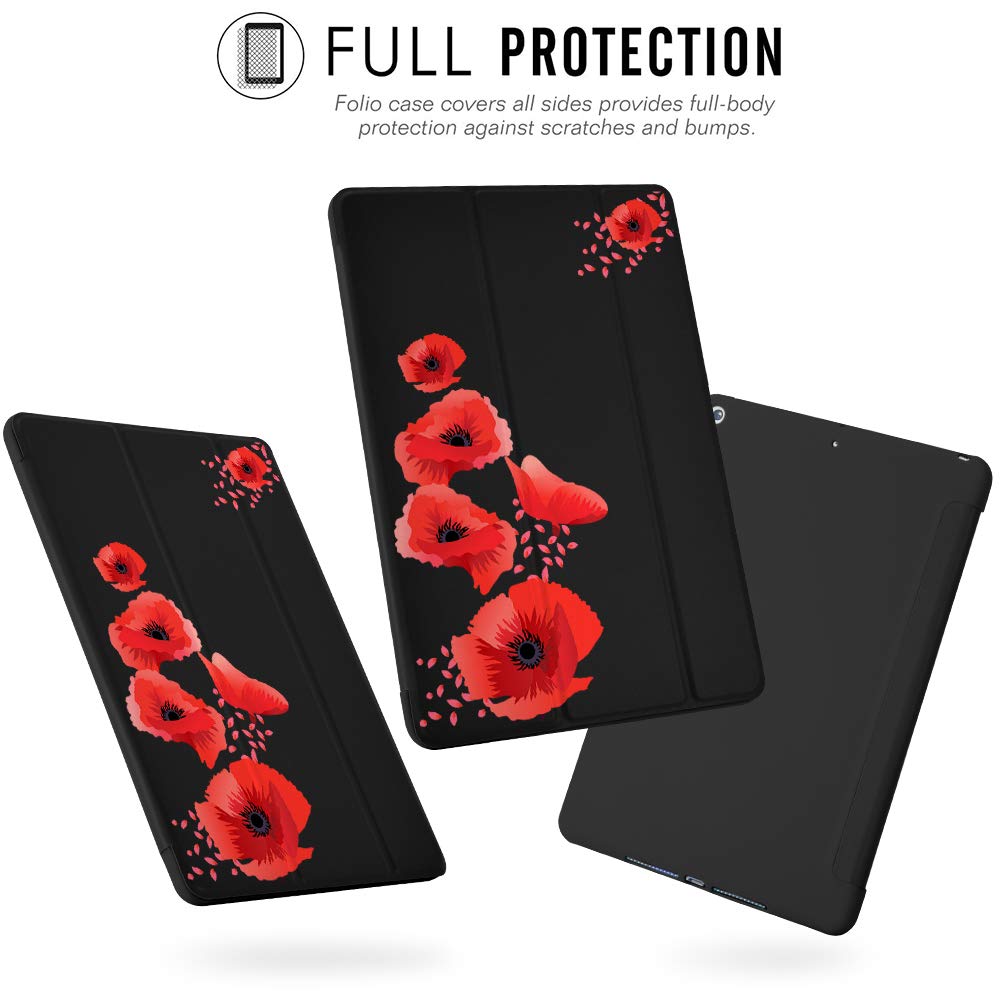 JOYLAND Floral iPad Case Cover for iPad 8th/9th Generation (10.2-inch 2020/2021) - Black with Red Poppy Design, Shockproof & Anti-Scratch, Lightweight Smart Trifold Stand, Soft TPU Protective Case - Perfect for Work, School, Travel & Home Use