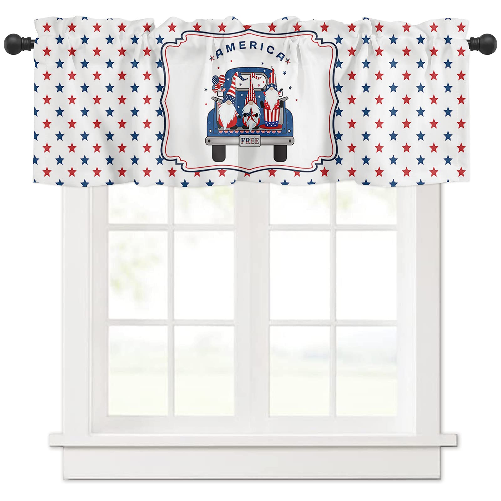 4th of July American Flag Gnomes Truck Kitchen Curtain Valance - Patriotic Window Treatment with Rod Pocket, 1 Panel Small Valance for Living Room, Bathroom, or Cafe Decor (54x18 Inches, Red White Blue Polka Dots) - Perfect for Independence Day, Memorial Day & Summer Home Decor