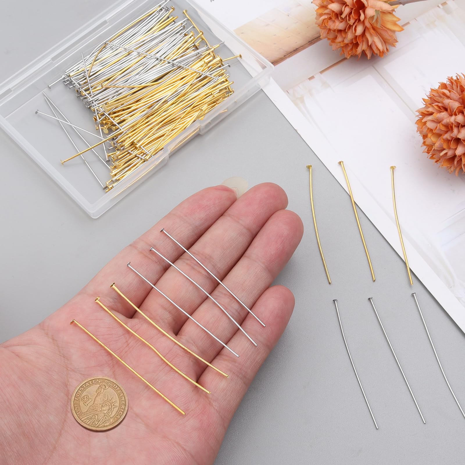 Yumttero 50mm Jewelry Head Pins - 200pcs Gold & Platinum for Earrings, Bracelets - DIY Craft Supplies