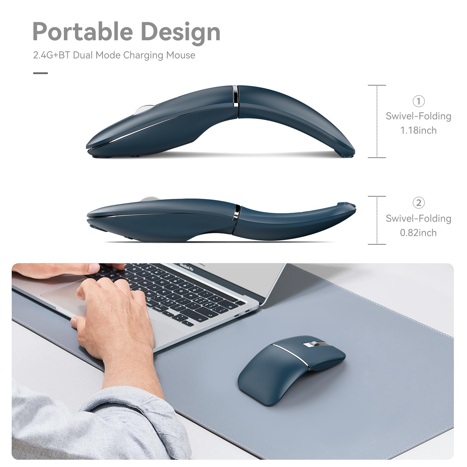 Foldable Bluetooth Travel Mouse - Rotatable Wireless Mouse with 2.4G USB Receiver, Rechargeable Ergonomic Mouse for Laptop, Notebook, PC | Portable for Business Travel, Office & Home Use (Blue)