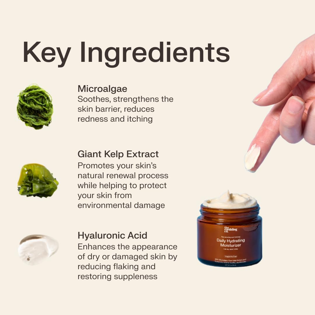 The Earthling Co. Daily Hydrating Moisturizer - Natural Face Cream for Dry, Oily & Sensitive Skin - AM & PM Moisturizing with Hyaluronic Acid, Non-Comedogenic, Fragrance-Free (2.0 fl oz) | Perfect for Daily Skincare Routine, Travel & On-the-Go Hydration