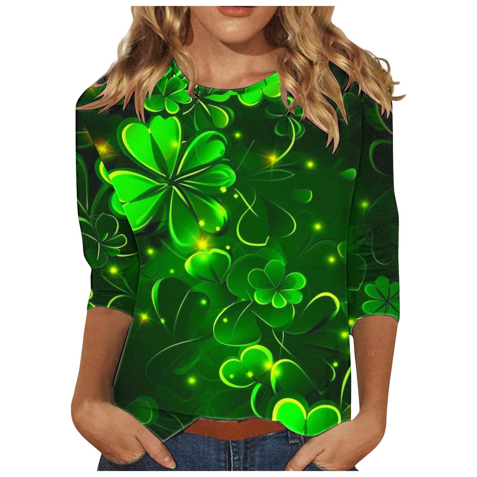 St. Patrick's Day Women's 3/4 Sleeve Shamrock Graphic Tee - Lucky Irish Leprechaun Hat Festival T-Shirt for Pub Crawls & Parades