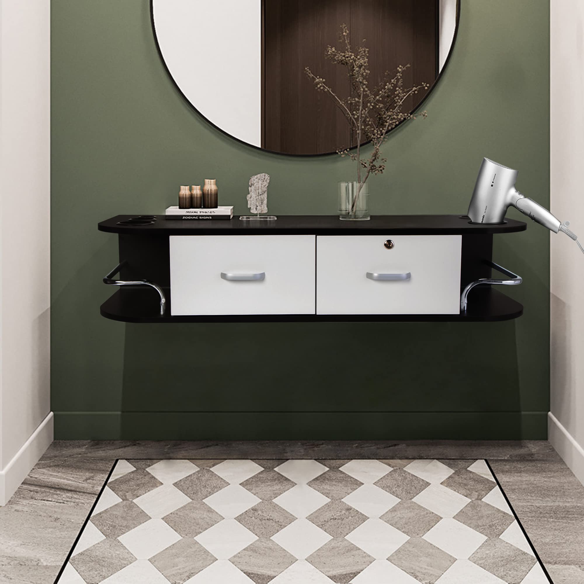 Wall Mounted Beauty Station with 2 Drawers & 5 Tool Holders - Bathroom Vanity Organizer for Salon & Home Use - Black and White Makeup Dressing Table with Side Cubby - Perfect for Small Spaces, Salons & Bedrooms
