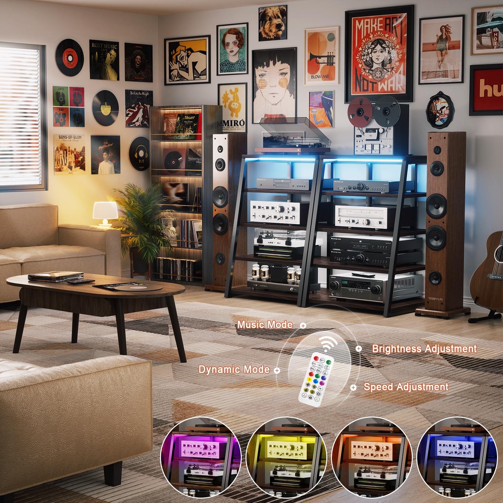 5-Tier AV Media Stand with Built-in Power Strips & LED Lights - Adjustable Shelves for Stereo, TV & Audio Equipment - 40.8