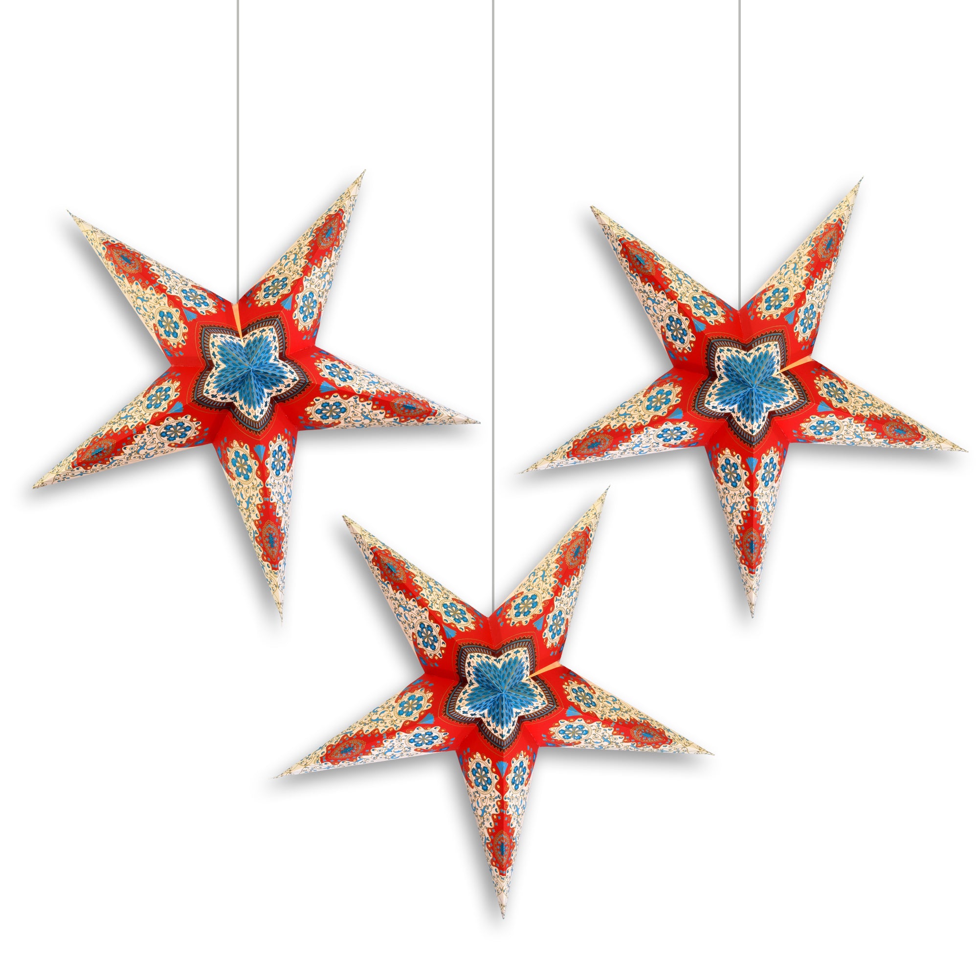 3 Pack 24 Inch Patriotic Paper Star Lanterns - Red White Blue Hanging Decor with Triple Pendant Lights | Perfect for 4th of July, Memorial Day, Labor Day & Patriotic Party Decorations