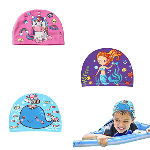 3 Pack Waterproof Swim Caps for Kids - Cartoon Design Bathing Caps for Girls & Boys with Long or Short Hair - Ideal for Swimming Lessons, Pool Parties & Beach Activities