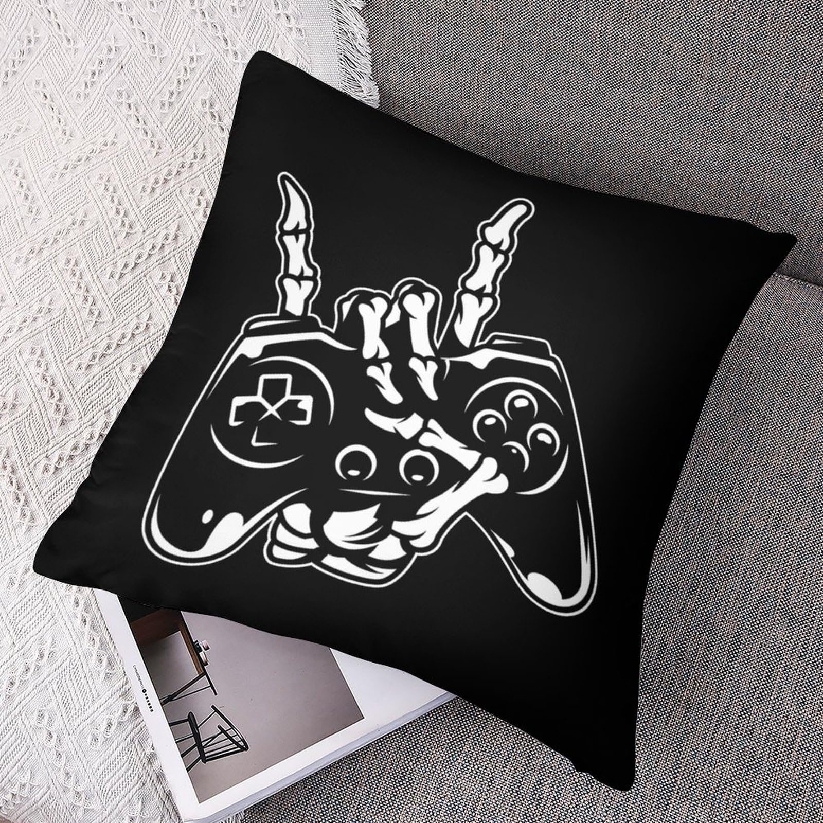 Soft Skeleton Gaming Controller Polyester Pillow Cover - 12x12 Inch Smooth Cushion Case for Sofa, Bed, Gaming Chair - Perfect for Gamers & Home Decor