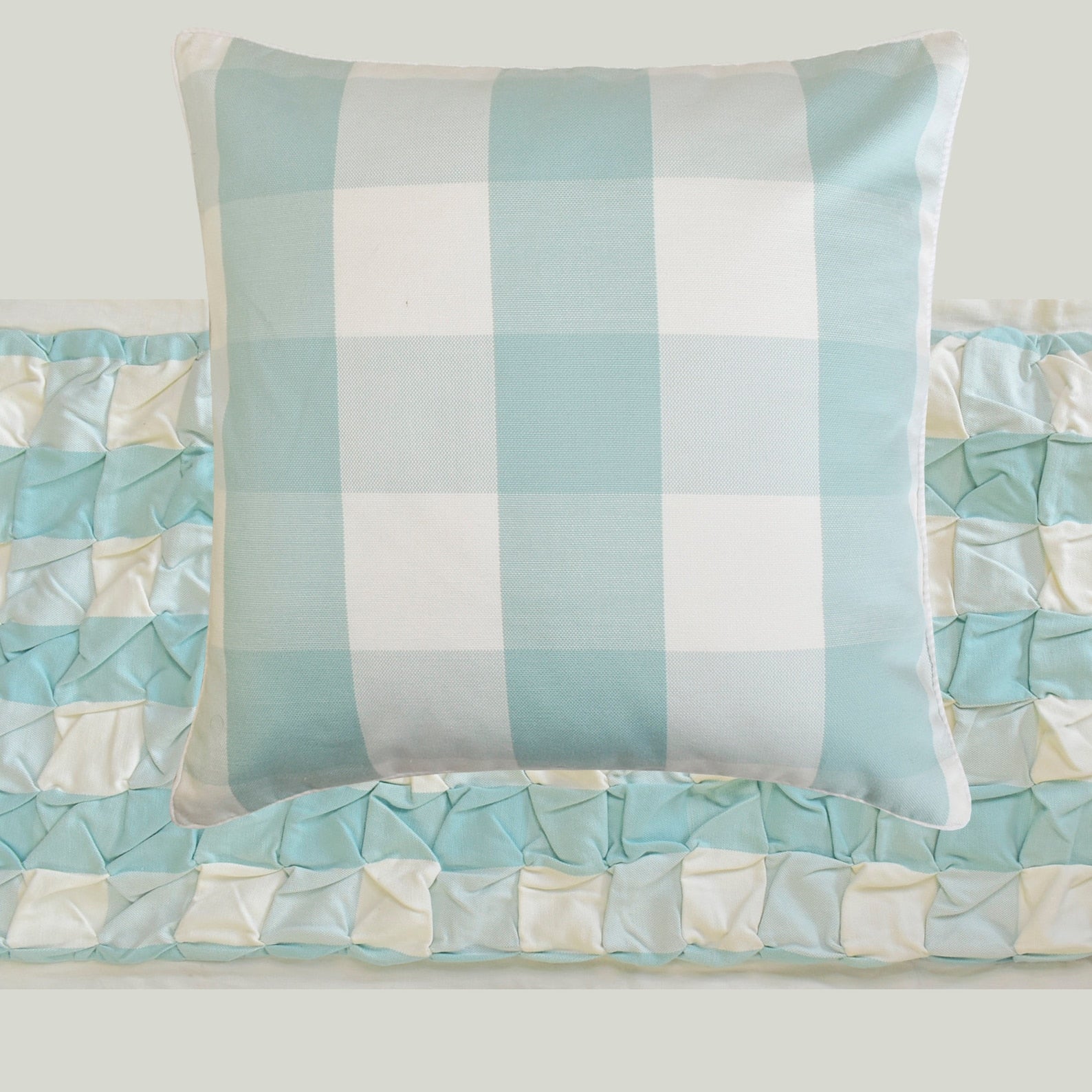 Stylish Aqua Plaid Knots Cotton Bed Runner & Pillow Cover Set - Decorative Home Accent for Bedroom, Sofa, and Living Room