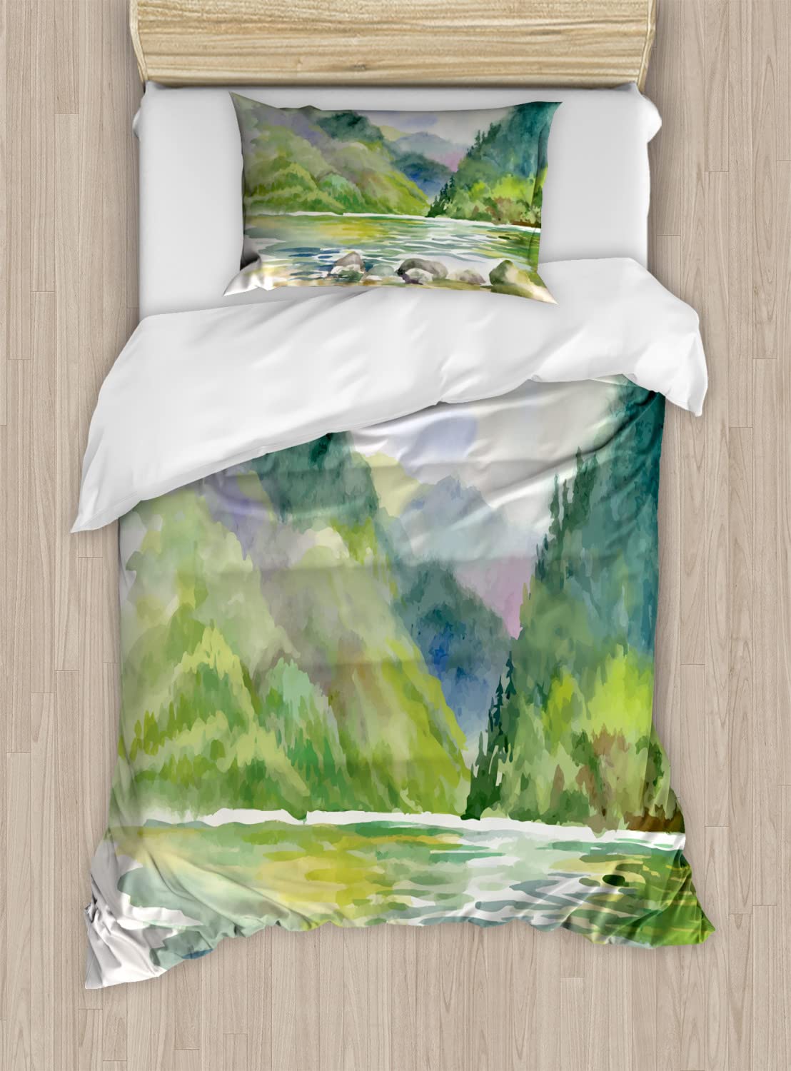 Ambesonne Fine Art Duvet Cover Set - Summer River Forest Landscape Bedding | 2 Twin Size Duvet Covers & 2 Pillowcases (Green, Purple, White) | Nature Inspired Decor for Bedroom, Guest Room & Vacation Homes