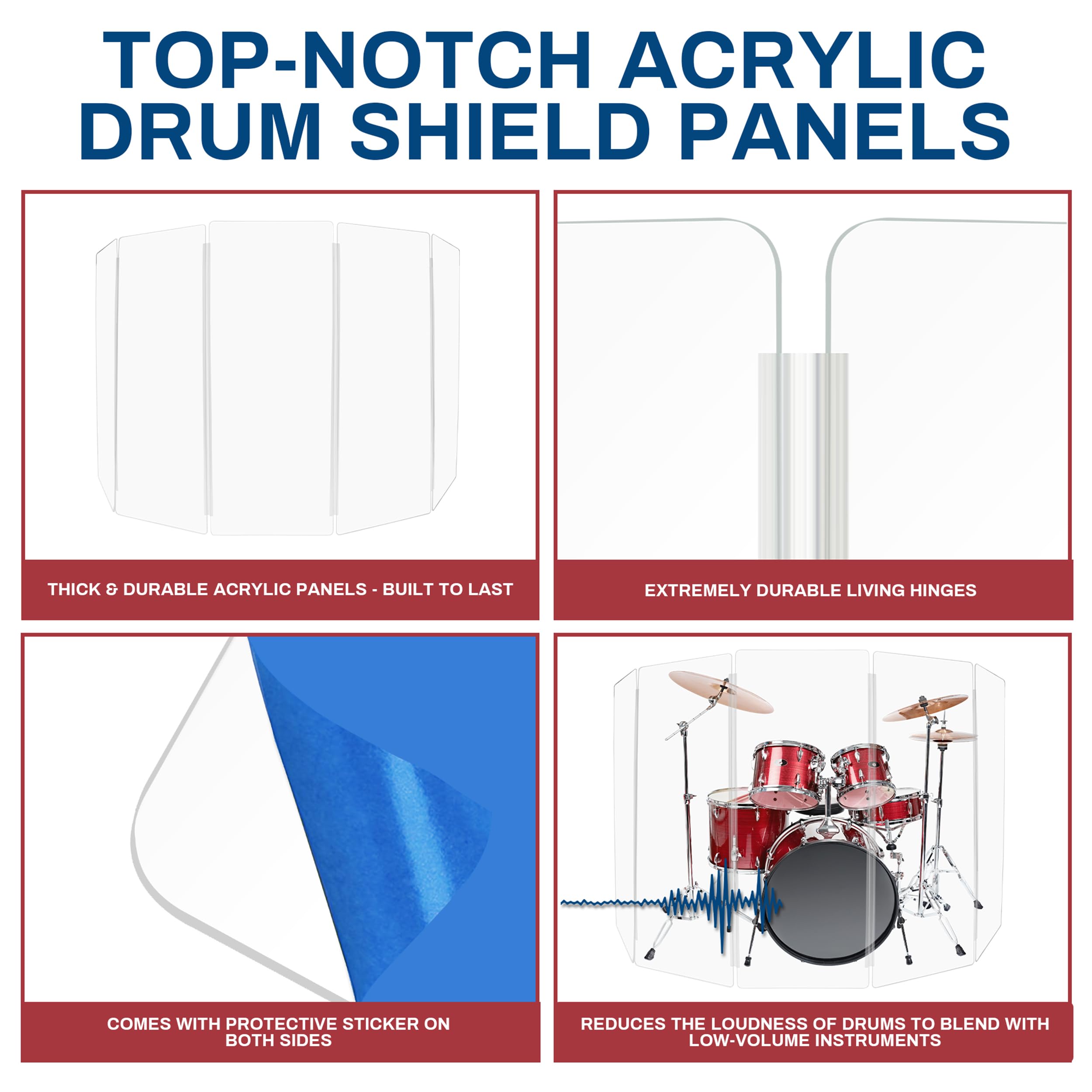 5ft Drum Shield with Plastic Hinges - 5 Premium Clear Acrylic Drum Panels & Screens - Sound Isolation for Drum Practice, Recording Studios & Live Performances