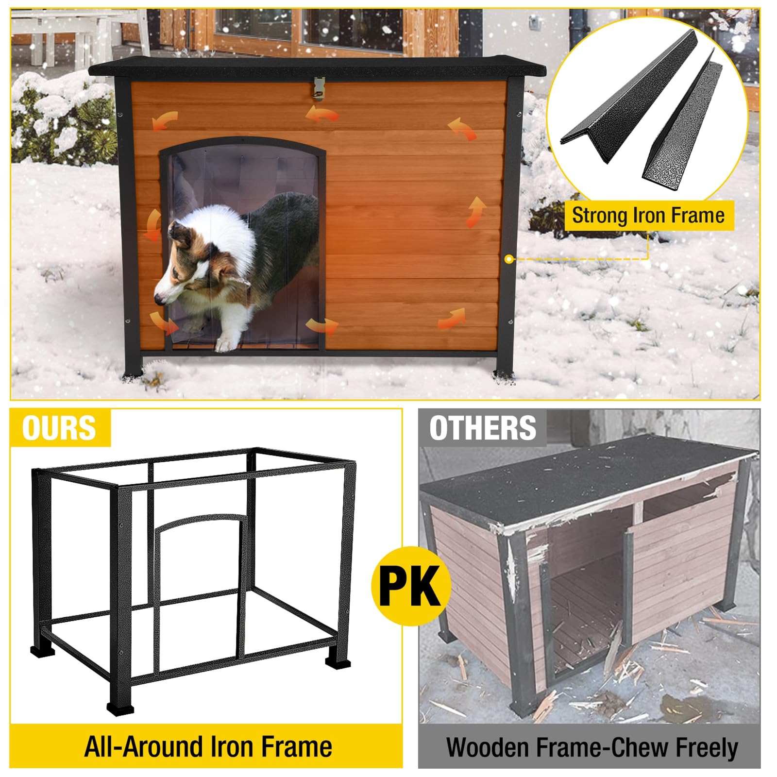 Insulated Outdoor Dog House with Liner - Winter-Proof Wooden Dog Kennel with Sturdy All-Around Iron Frame & Waterproof Design | Perfect for Cold Weather, Backyard, and Pet Safety