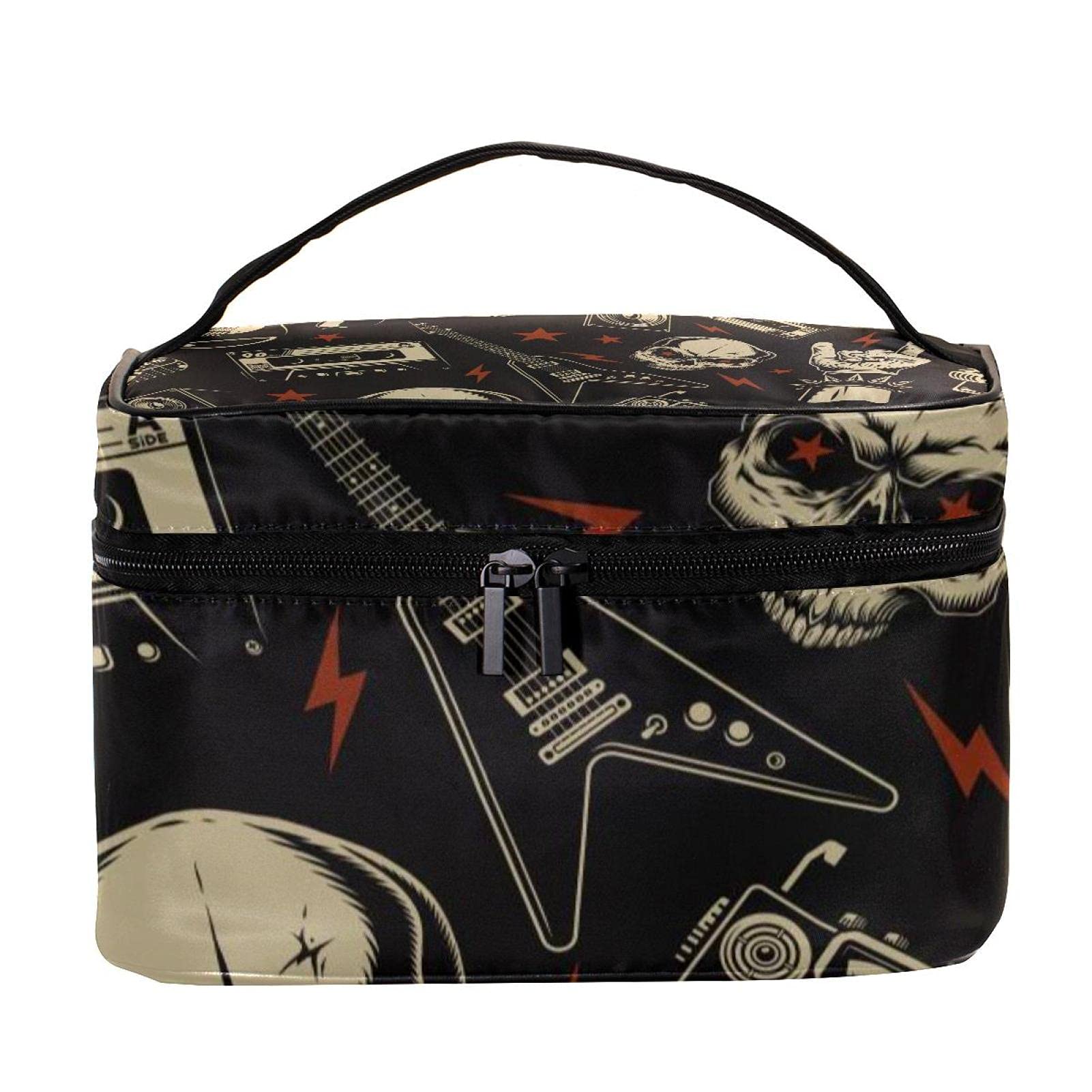 Skull Rock Music Pattern Travel Makeup Bag - Large Cosmetic Organizer Case with Zipper for Women & Girls | Perfect for Concerts, Travel & Goth Style Toiletry Storage