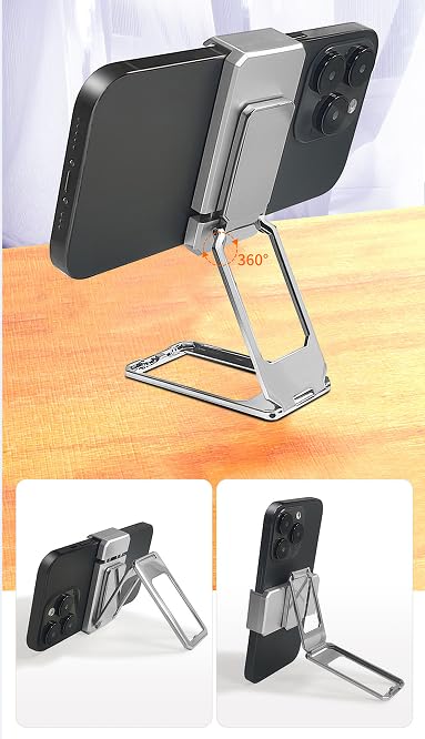 360° Rotating Phone Stand Holder for iPhone 16/15/14/13/12 - Silver | Perfect for Desk & Travel Use