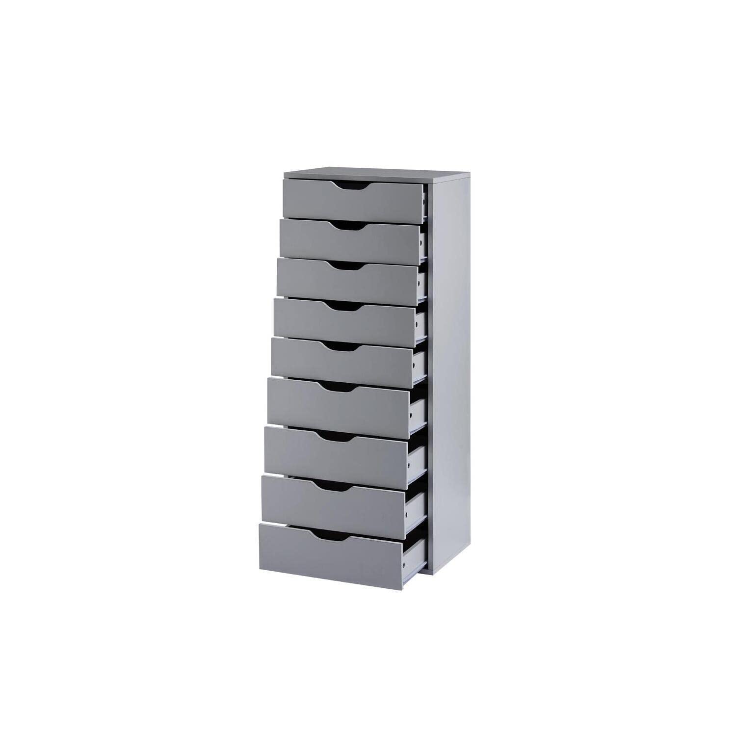 Naomi Home Office Wooden Lateral File Cabinet - 9-Drawer Mobile Storage Cabinet with Wheels, Gray - Perfect for Organizing Documents in Home Office or Small Workspace