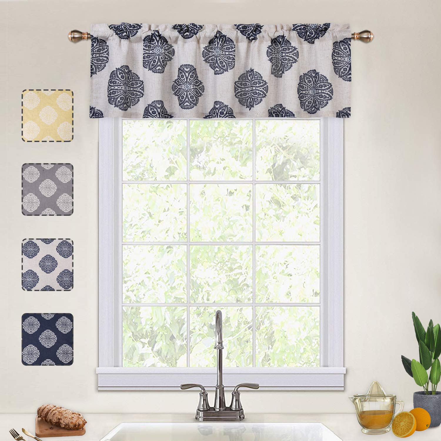 CAROMIO Floral Medallion Damask Print Linen Blended Valance Curtains - 52x15 Inch, White - Kitchen Window Valances, Bathroom & Cafe Decor - Perfect for Farmhouse, Vintage & Modern Home Styling