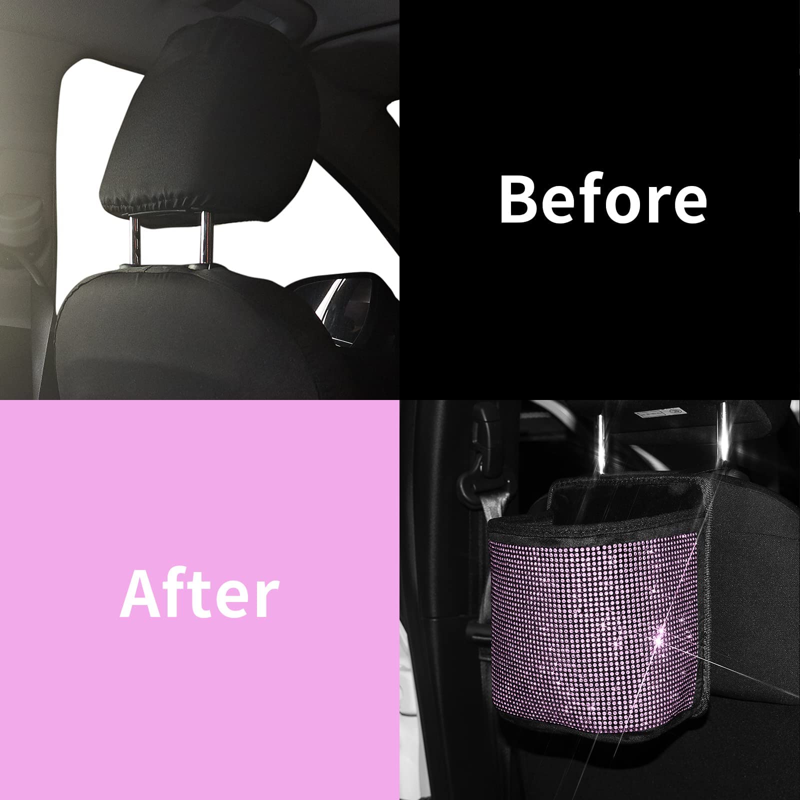 Premium Bling Crystal Car Seat Organizer - 2-Pack Pink Diamond Car Accessory for Front/Back Seat Storage | Travel Caddy Bag & Garbage Pocket Bin | Perfect for Road Trips, Daily Commute & Family Car Organization