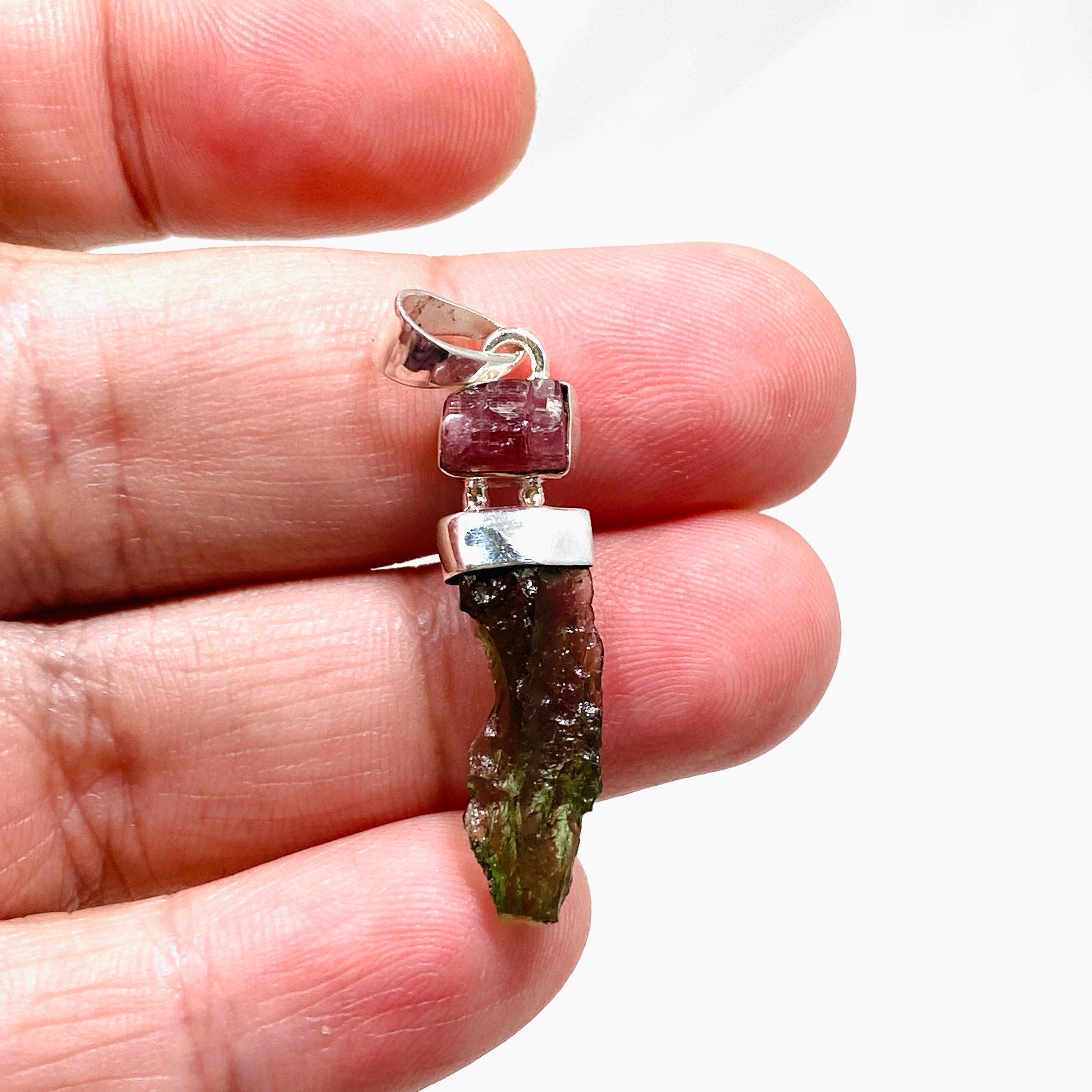 Natural Moldavite & Pink Tourmaline Pendant Necklace CGJ 04 - Spiritual Healing Jewelry for Meditation & Energy Protection