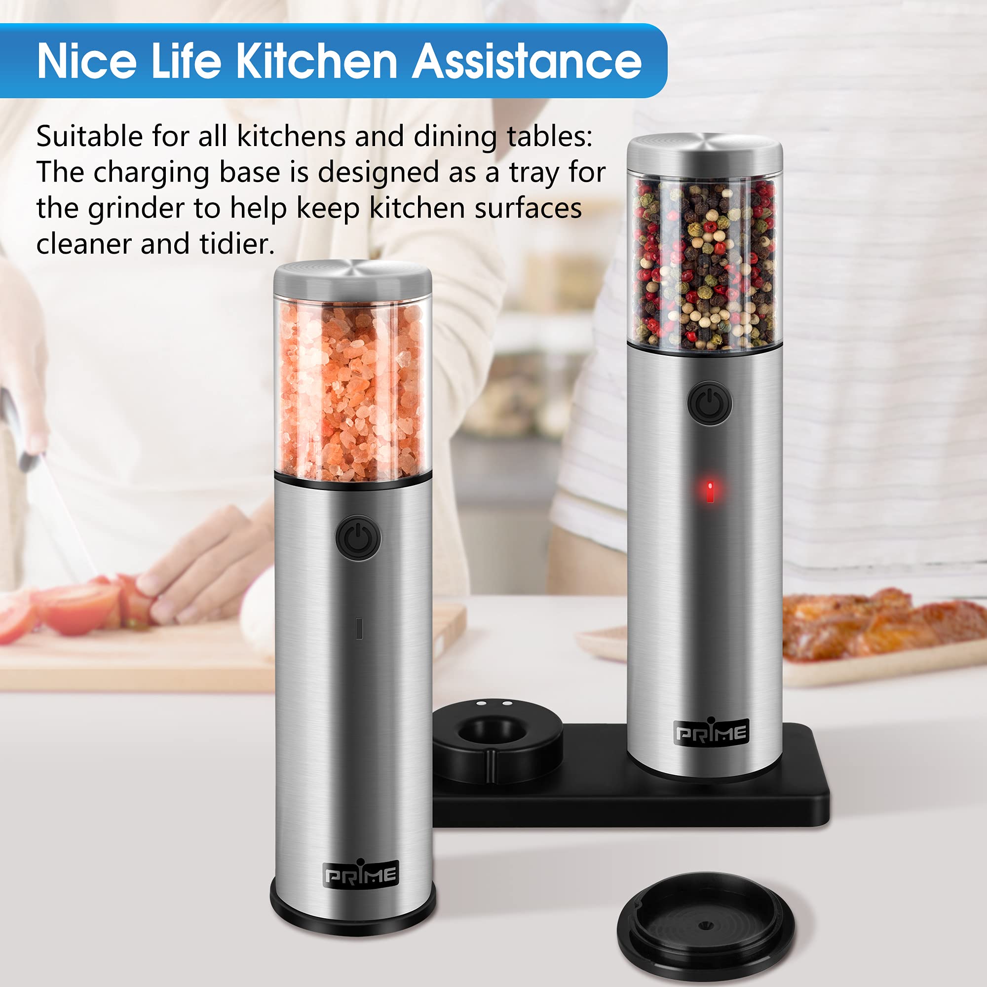 Premium Electric Salt and Pepper Grinder Set - 2 Rechargeable Mills with USB Charging Base & Adjustable Coarseness | Automatic Touch Control | Stainless Steel (Version 2.2) | Perfect for Kitchen, Dining Table & Gourmet Cooking
