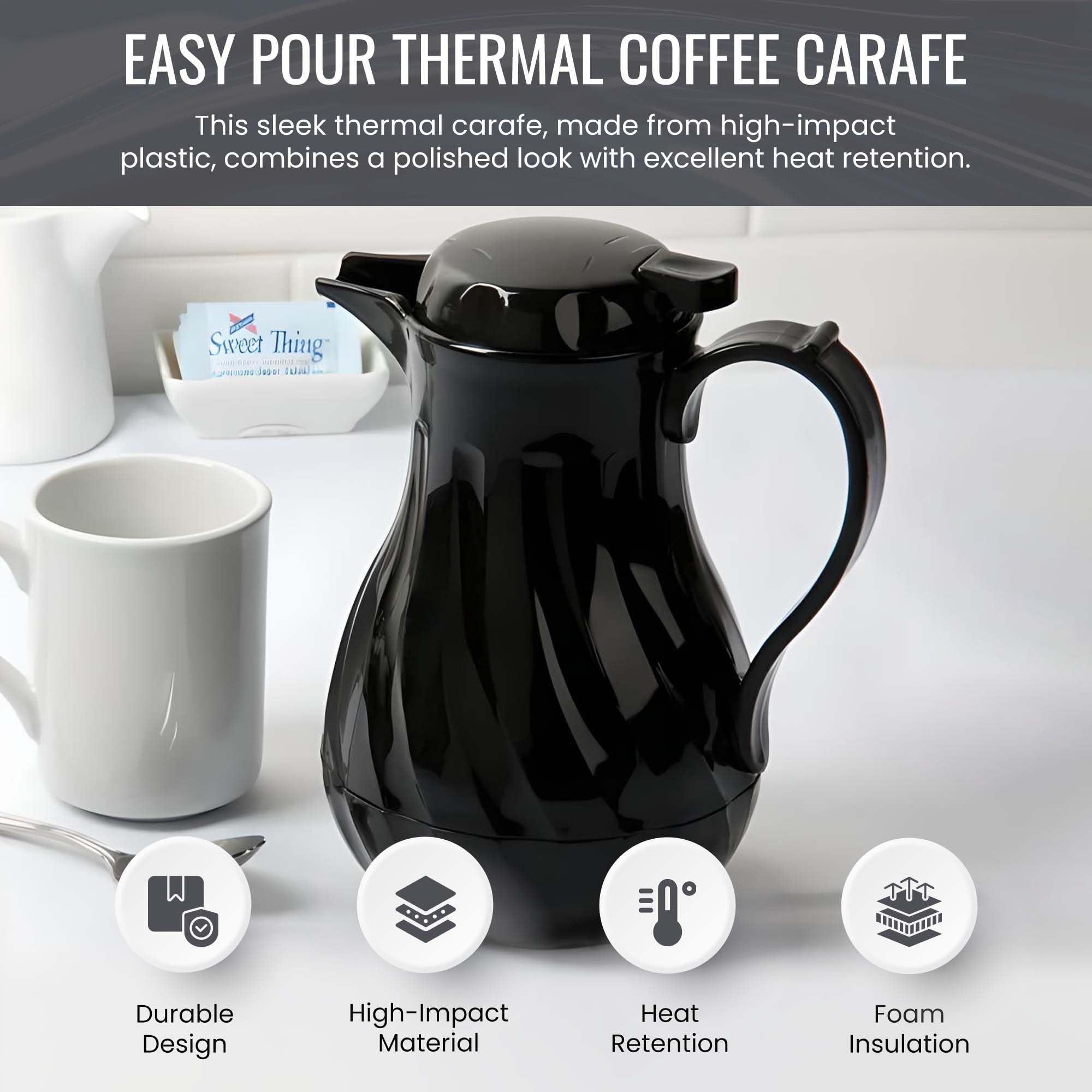 OCS Parts Set of 6 Easy Pour Thermal Coffee Carafes | 10-Inch Insulated Hot & Cold Beverage Pitcher Server for Coffee, Tea, Hot Chocolate & Water | 42-Ounce Capacity | Black | Perfect for Restaurants, Cafes, Offices & Home Use
