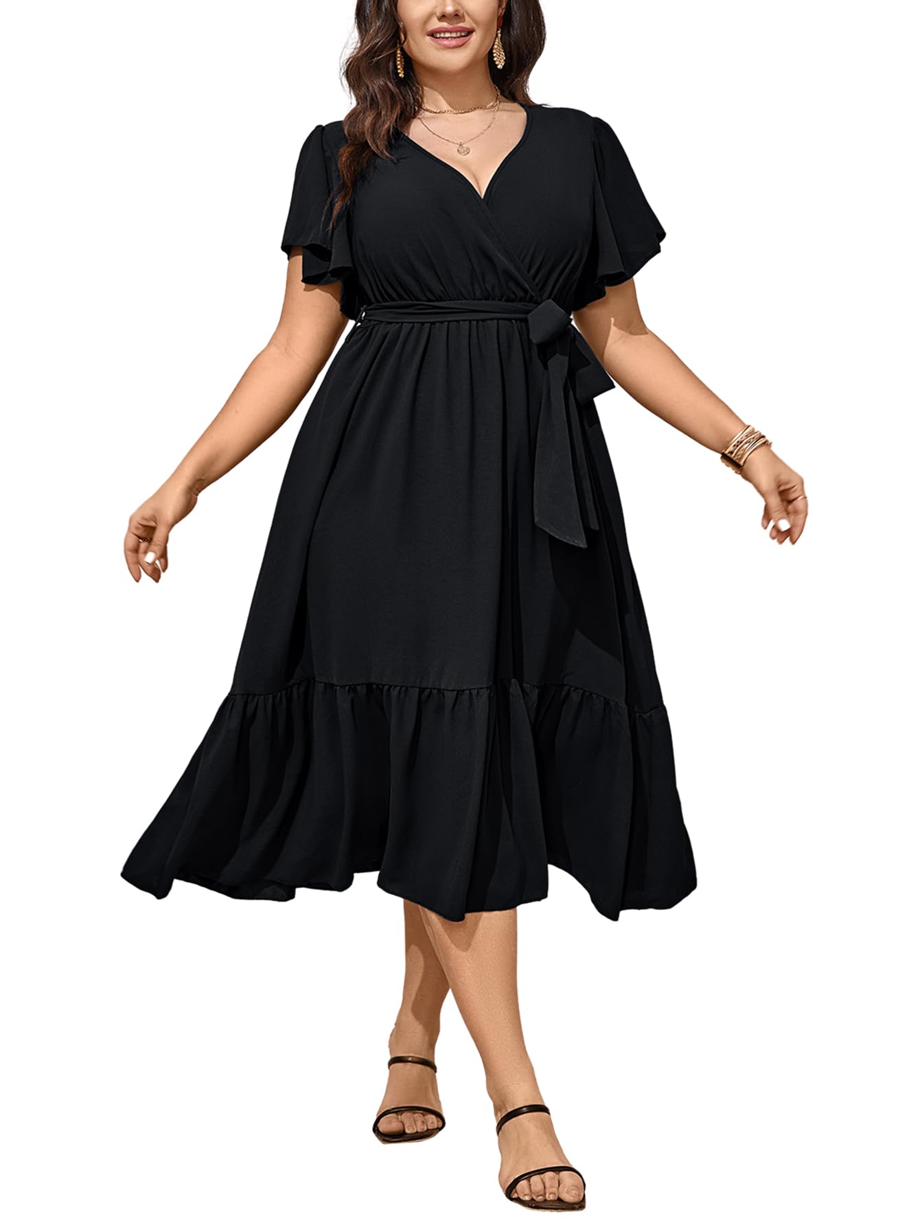 Elegant SCOMCHIC Plus Size Wedding Guest Dress - Summer Wrap V-Neck Short Sleeve with Belt & Ruffle Hem A-Line Flowy Maxi Dress for Women | Perfect for Weddings, Parties & Special Occasions