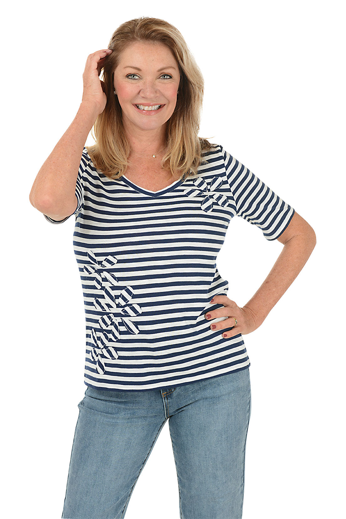 Stylish Striped Flower Applique T-Shirt for Women - Casual Summer Top for Outings & Beach Wear