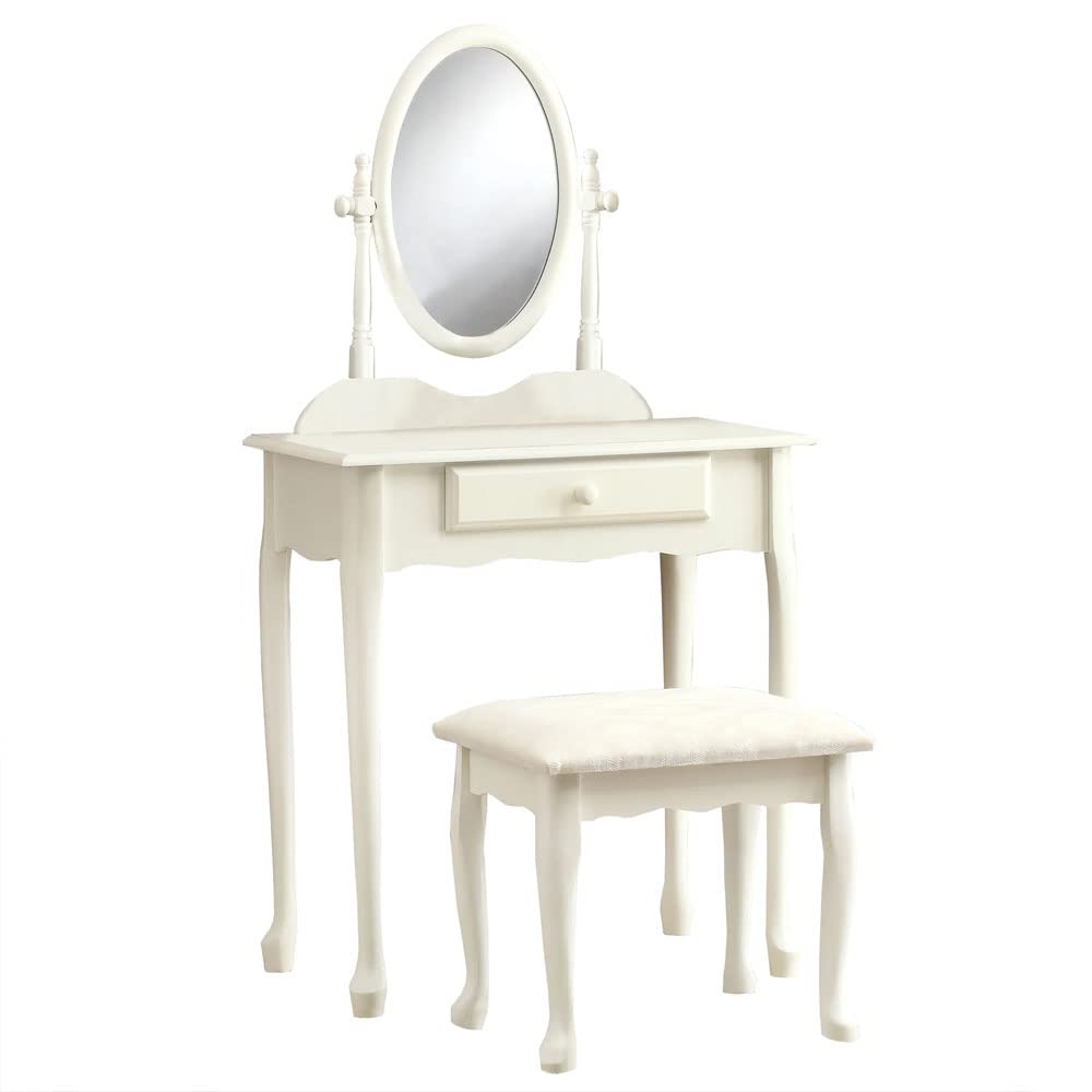 2-Piece Traditional Swivel Mirror Vanity Table Set with Padded Bench - Antique White Finish | Makeup Dressing Table for Bedroom, Bathroom & Salon Decor