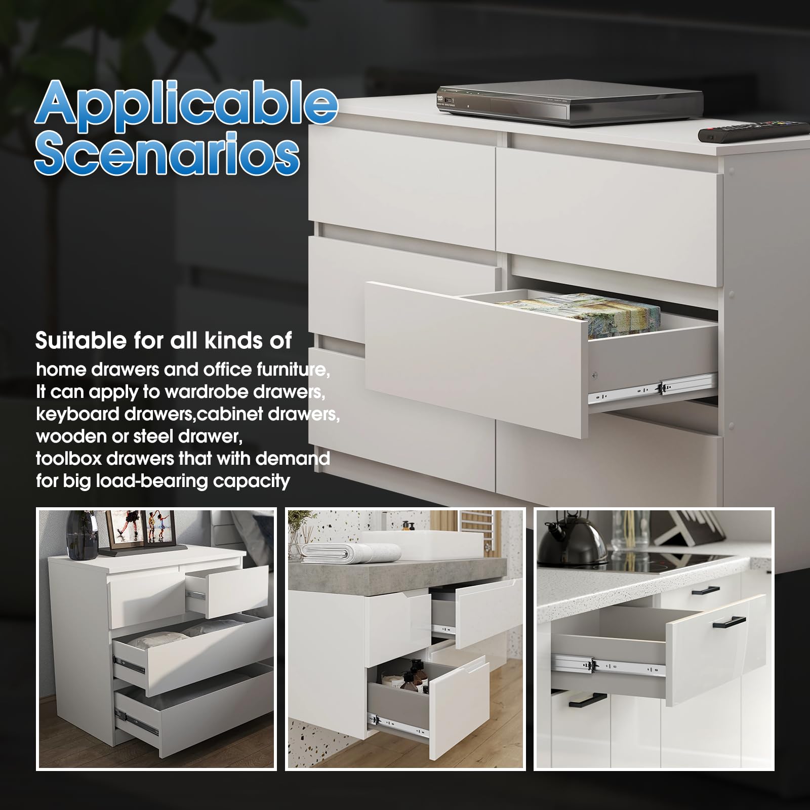 SHUHANG 1 Pair Full Extension Drawer Slides 8-24 Inch (8/10/12/14/16/18/20/22/24 Inch) 100 lb Load Capacity Ball Bearing Side Mount Cabinet Slides - Heavy Duty Silver Drawer Runners for Kitchen Cabinets, Dressers, Wardrobes & Trash Cans