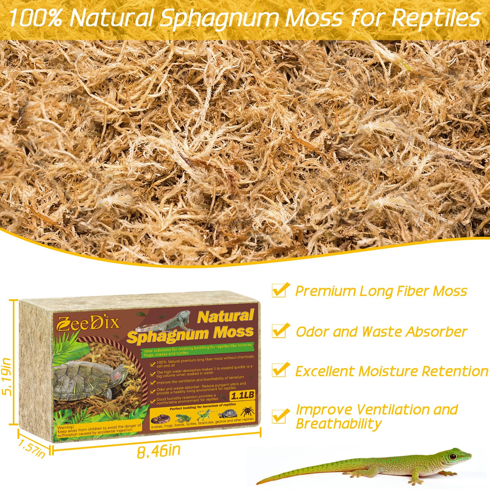 Premium 1.1LBS Sphagnum Moss for Reptiles - 25QT Long Fiber Terrarium Moss for Leopard Geckos, Frogs, Anoles, Snakes & Turtles | Natural Peat Moss Bedding for Reptile Habitats & Live Plants | Ideal for Moisture Retention & Nesting
