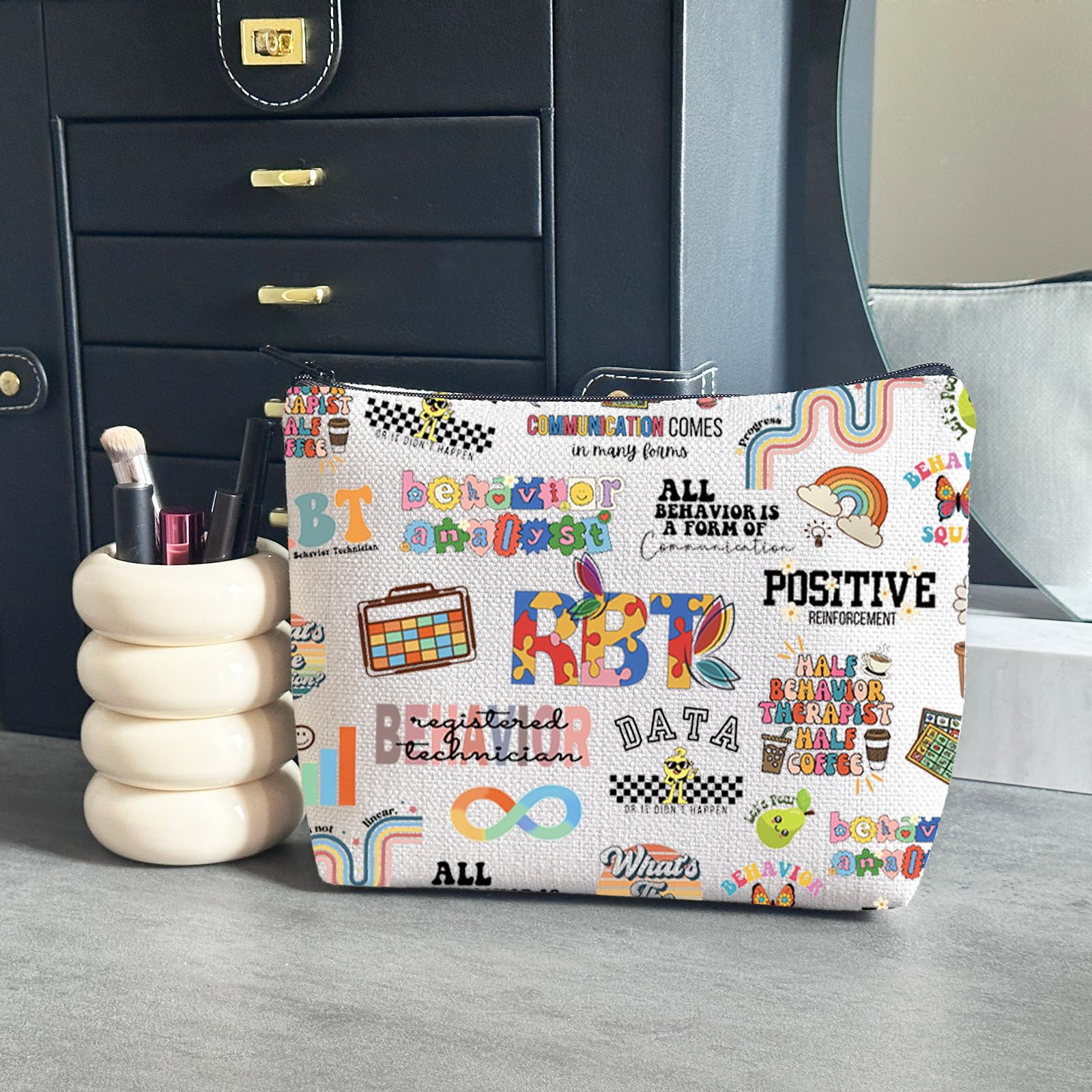 WCGXKO RBT Registered Behavior Technician Gift - Behavior Specialist Zipper Pouch Makeup Bag (B-RBT) in Beige - Perfect for ABA Therapy Professionals & Students