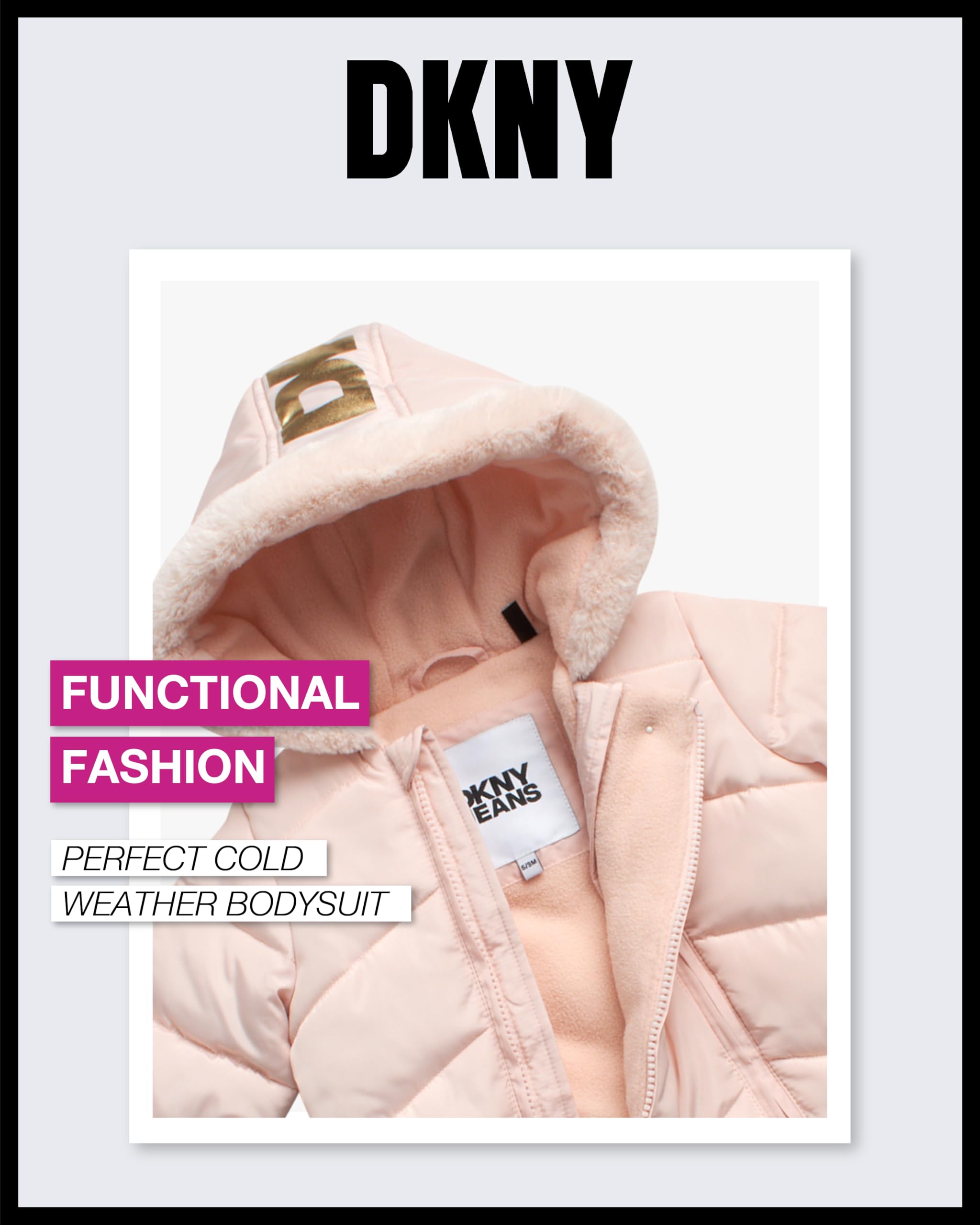 DKNY Baby Girls’ Hooded Fleece-Lined Winter Snowsuit – Warm Zip-Up Snow Pram Jacket for Newborns & Infants (0-24 Months) – Perfect for Winter Outings, Snow Play & Cold Weather Protection