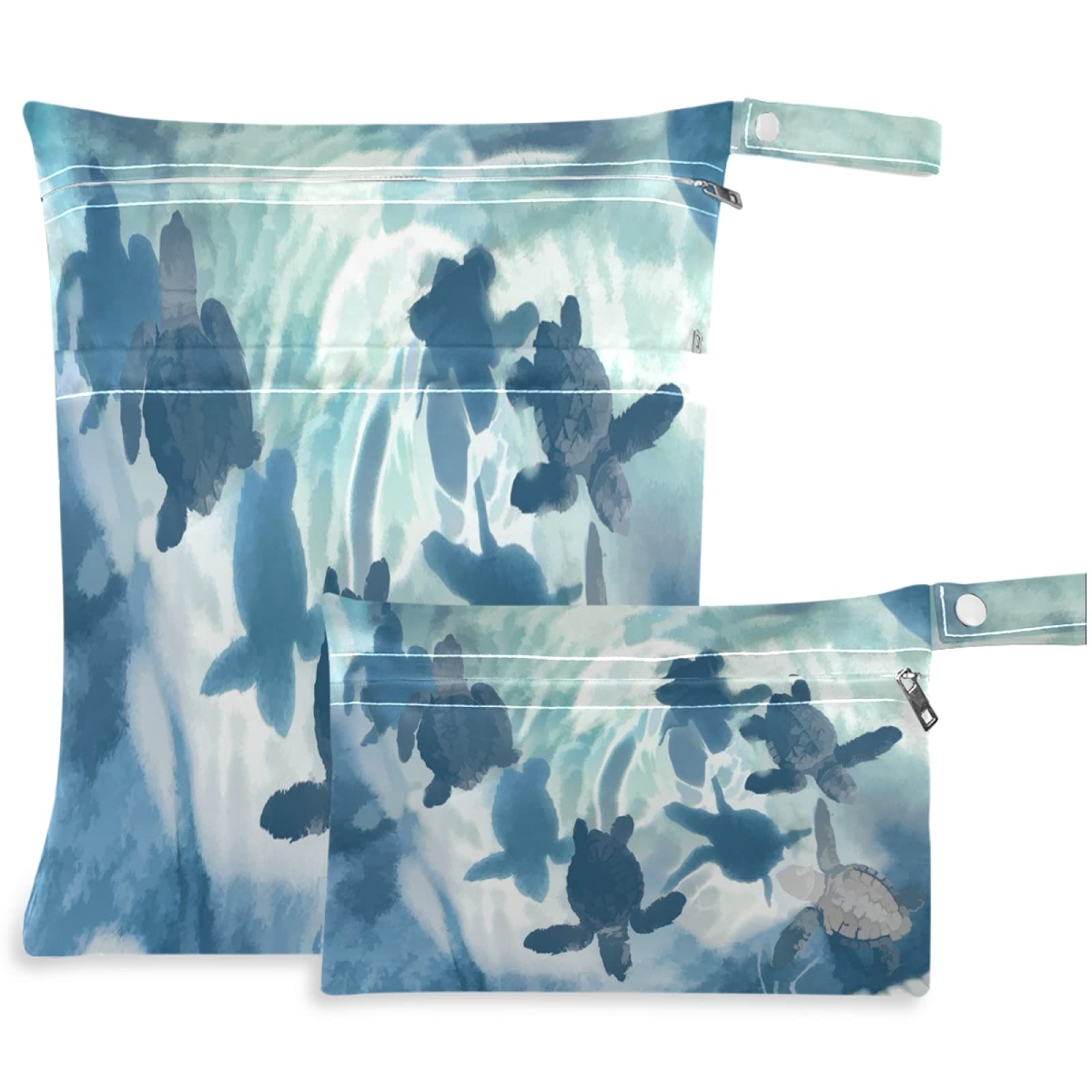 Visesunny 2-Pack Blue Sea Turtle Wet Bags with Zipper Pockets - Reusable & Washable Waterproof Storage for Swimsuits, Gym Clothes, Diapers - Perfect for Beach, Pool, Travel, Daycare & Stroller Organization