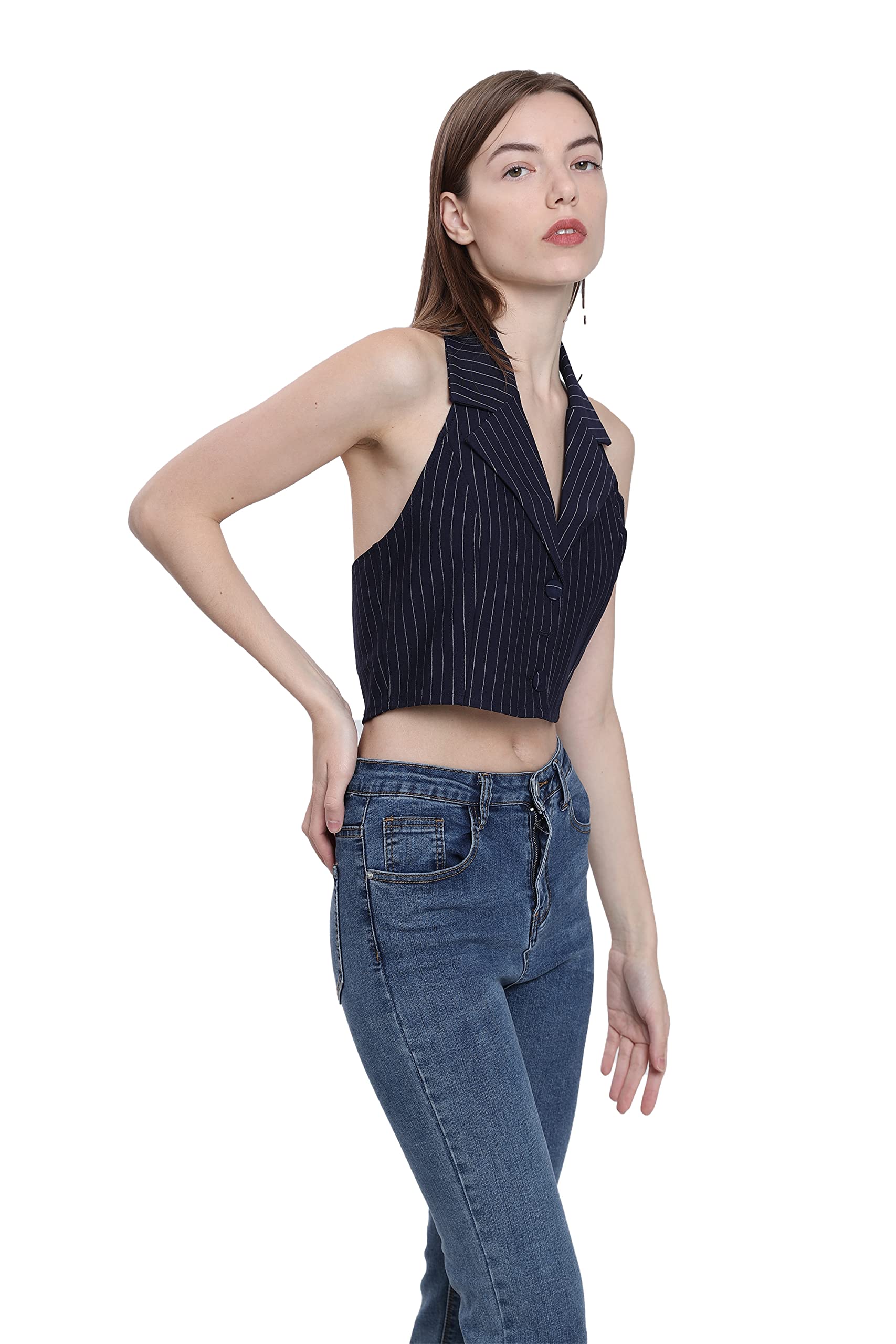 Women's Stylish Pinstripe Halter Vest Waistcoat - Cropped Button Front Backless V-Neck Collared Cami Tank Top for Casual Outfits, Summer Fashion & Layering