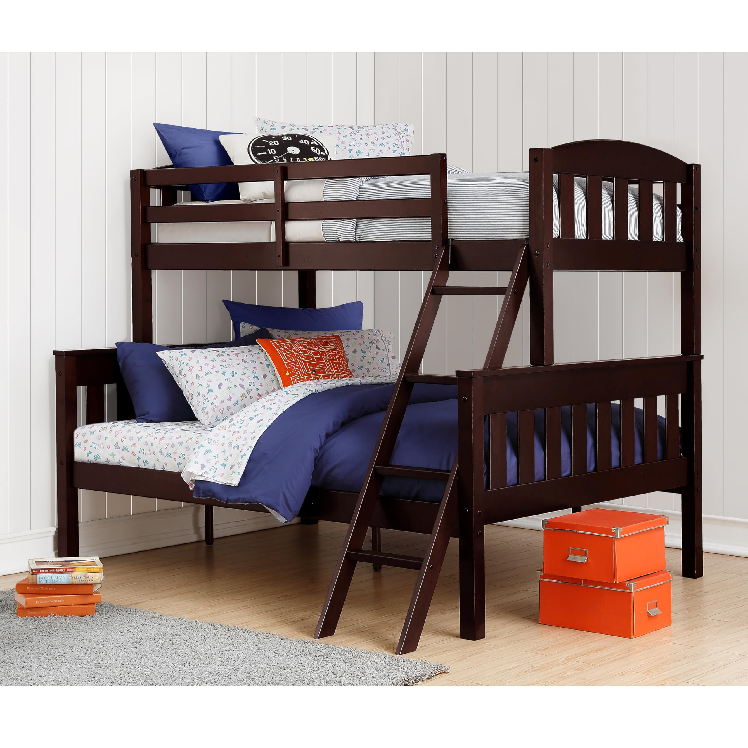 DHP Airlie Convertible Wood Bunk Bed for Kids & Teens - Twin Over Full Stackable Detachable Bed Frame with Angled Ladder & High Guardrail - No Box Spring Needed - Espresso Finish - Perfect for Small Bedrooms, Shared Kids Rooms & Sleepovers
