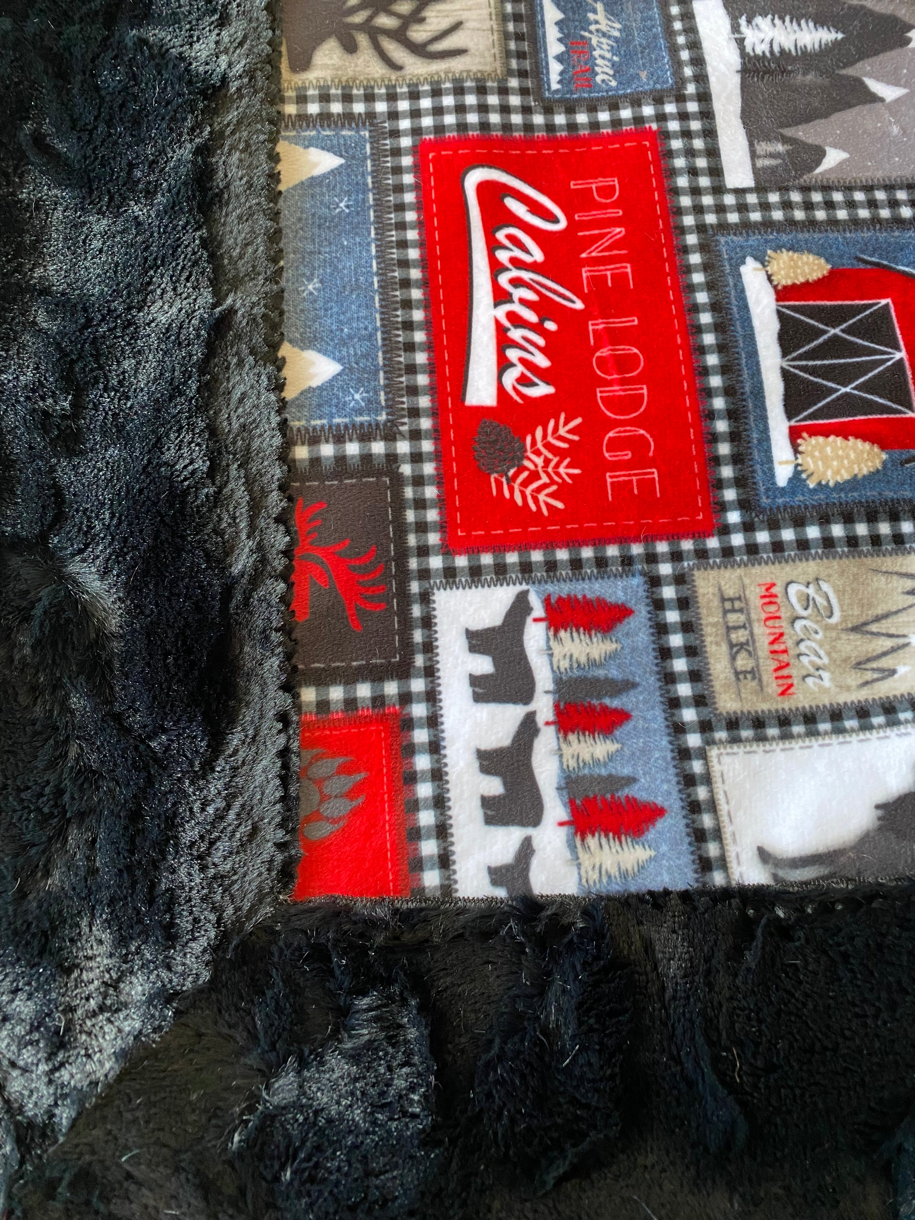 Lodge Patches Jeans Black Mirage Minky Blanket - Extra Wide Large 68x77 Inches - Cozy Fleece Throw for Couch, Bed & Home Decor