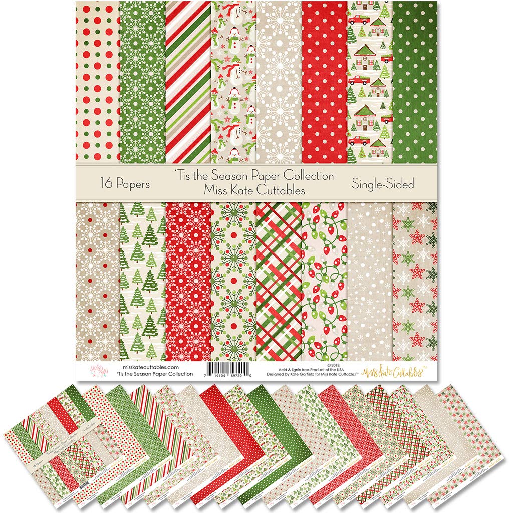 Miss Kate Cuttables 'Tis the Season Scrapbook Paper Pack - 16 Sheets 12x12 Single-Sided Patterned Specialty Paper for Holiday Card Making, DIY Crafts & Scrapbooking Projects