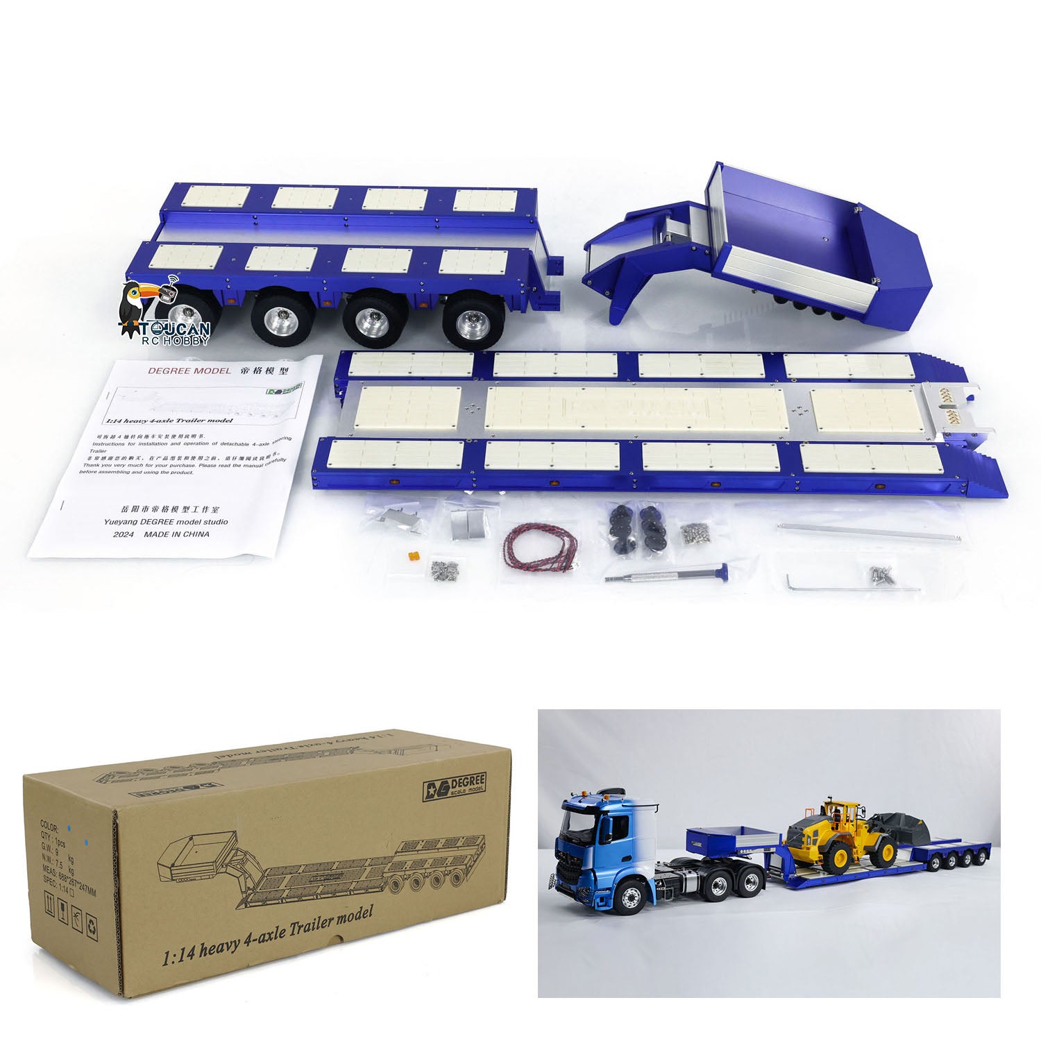 1/14 Scale DG 999 4 Axles RC Heavy Duty Trailer - CNC Painted Gooseneck Trailer for Remote Controlled Tractor Trucks | Hobby Model Collection | Perfect for RC Construction Site Scenes & Farm Vehicle Displays
