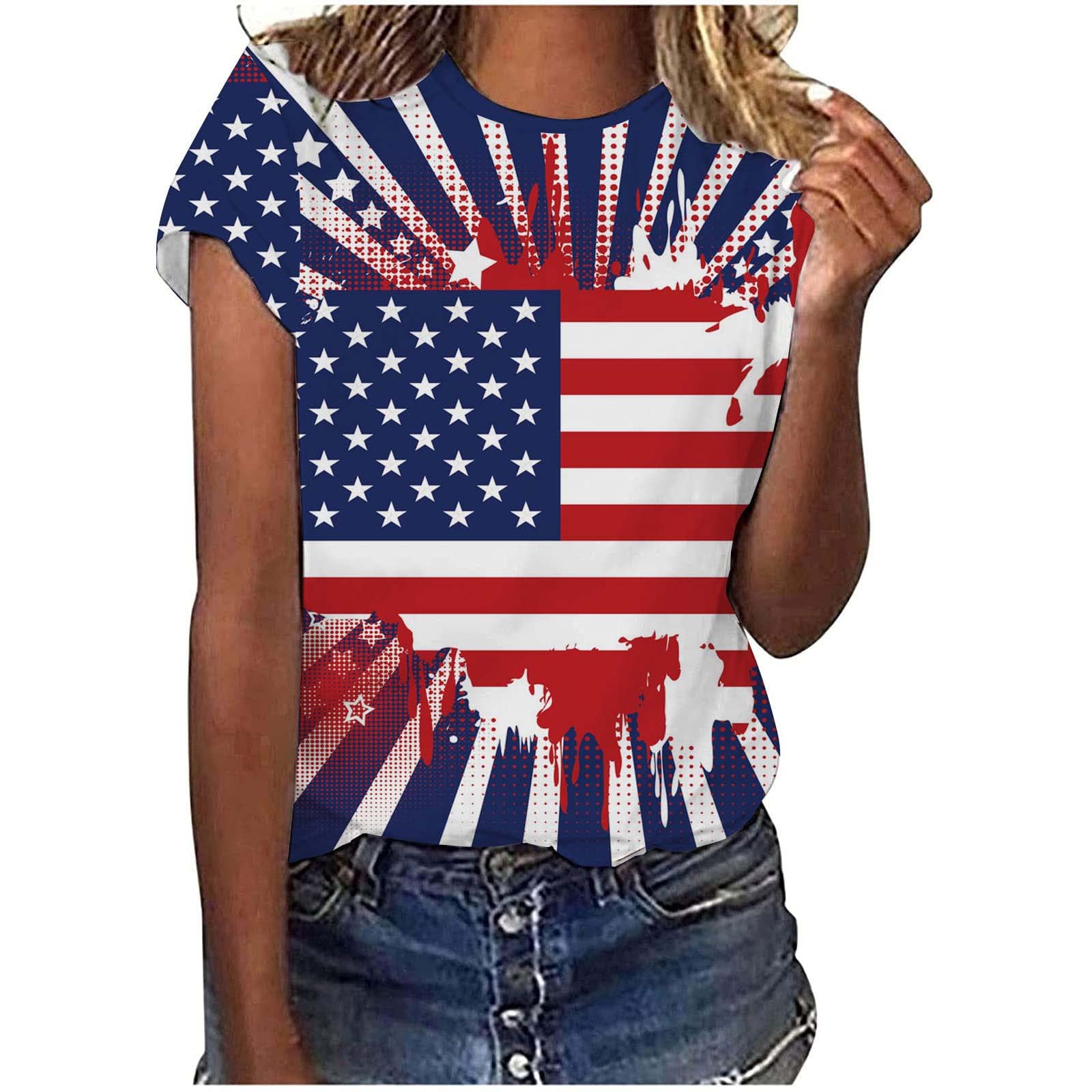 ylioge Women's Happy Independence Day Tops - American Flag Floral Print Short Sleeve Crewneck Shirts | Casual Summer Wear for 4th of July Celebrations, Parties & Patriotic Events