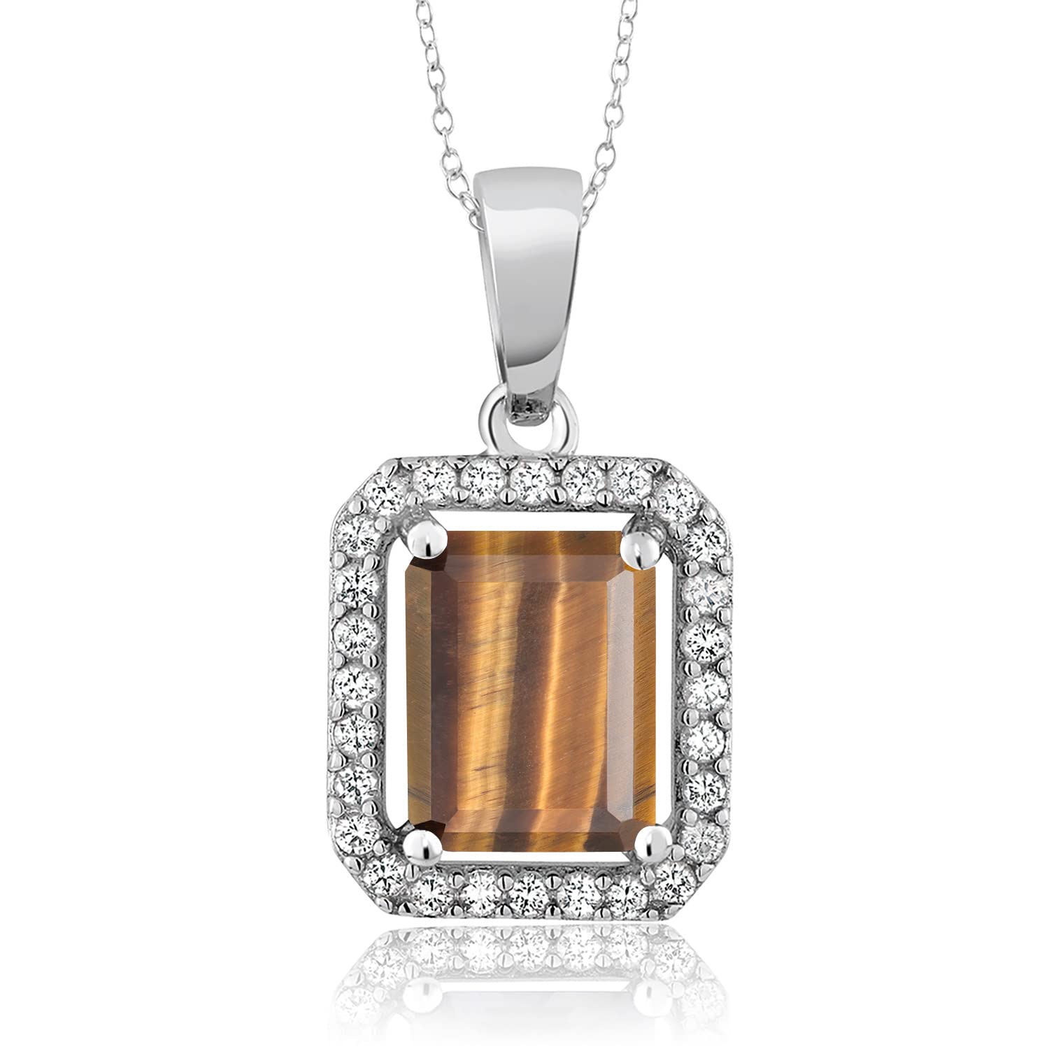 Gem Stone King 925 Sterling Silver Emerald Cut 9x7mm Birthstone Halo Pendant Necklace for Women with 18