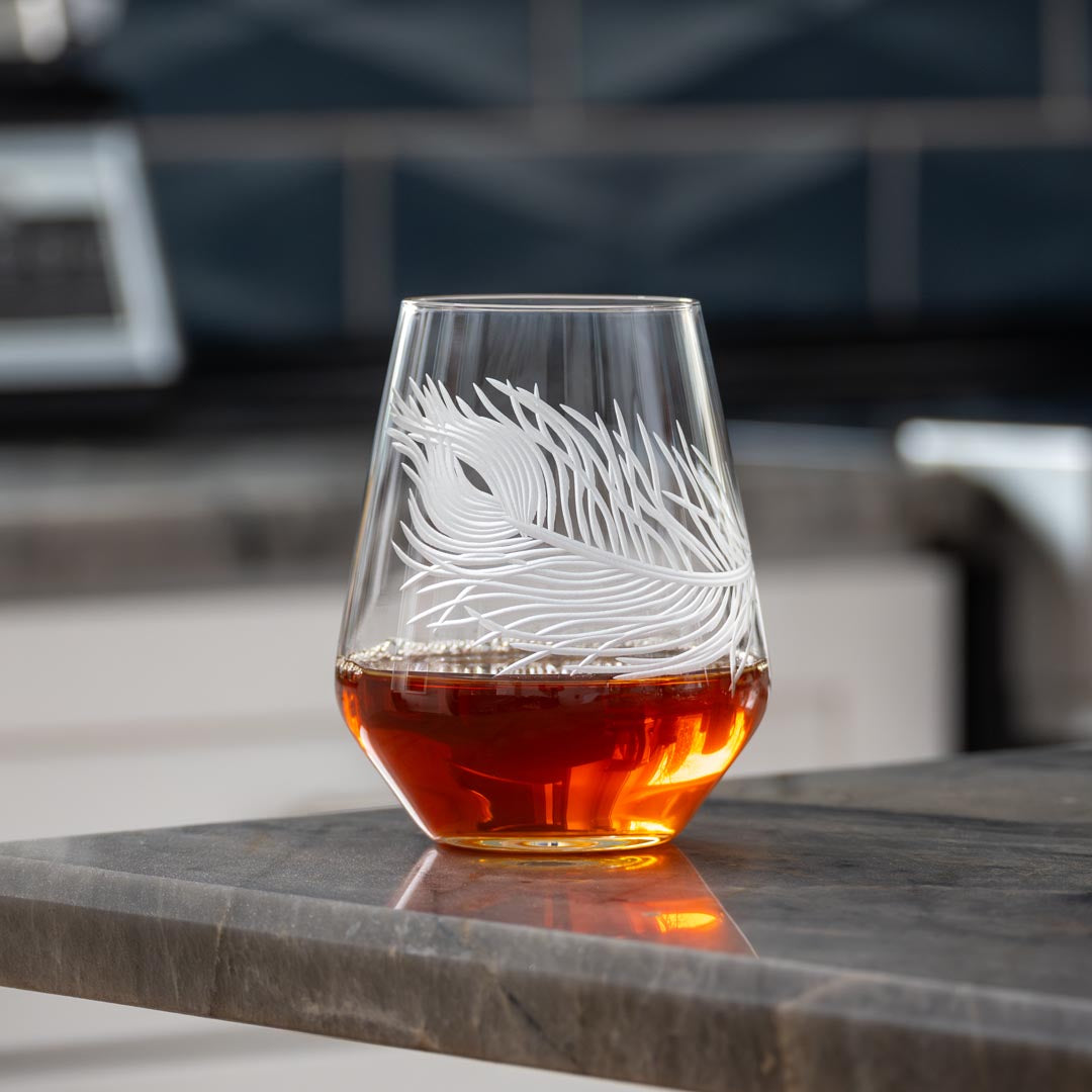 18oz Stemless Wine Glasses Set of 12 - Elegant Peacock Design for Parties, Weddings & Home Decor - BPA-Free Shatterproof Glassware for Red White Wine Cocktails