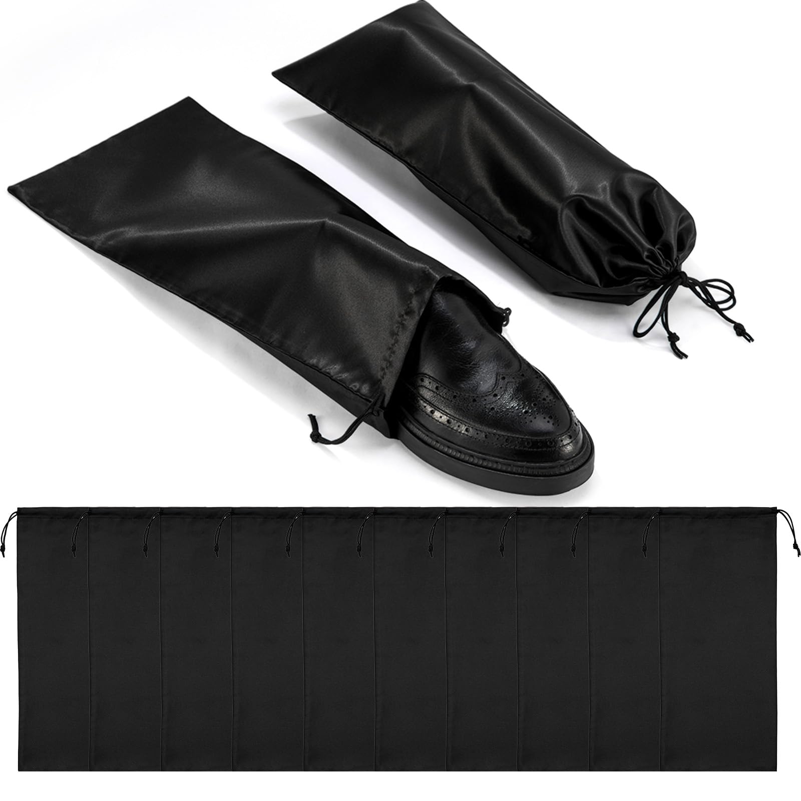 10 Pack Black Satin Shoe Bags with Drawstring - Reusable Travel Shoe Storage Pouches for Dress Shoes, Sneakers & Boots | Perfect for Travel, Gym, Home Organization & Shoe Protection