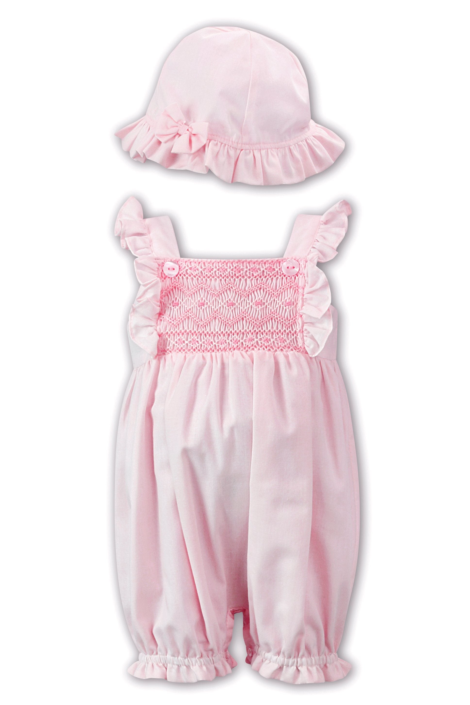 Paige Pink Smocked Romper with Matching Hat for Baby Girls | Summer Outfit, Photoshoot & Special Occasion Wear