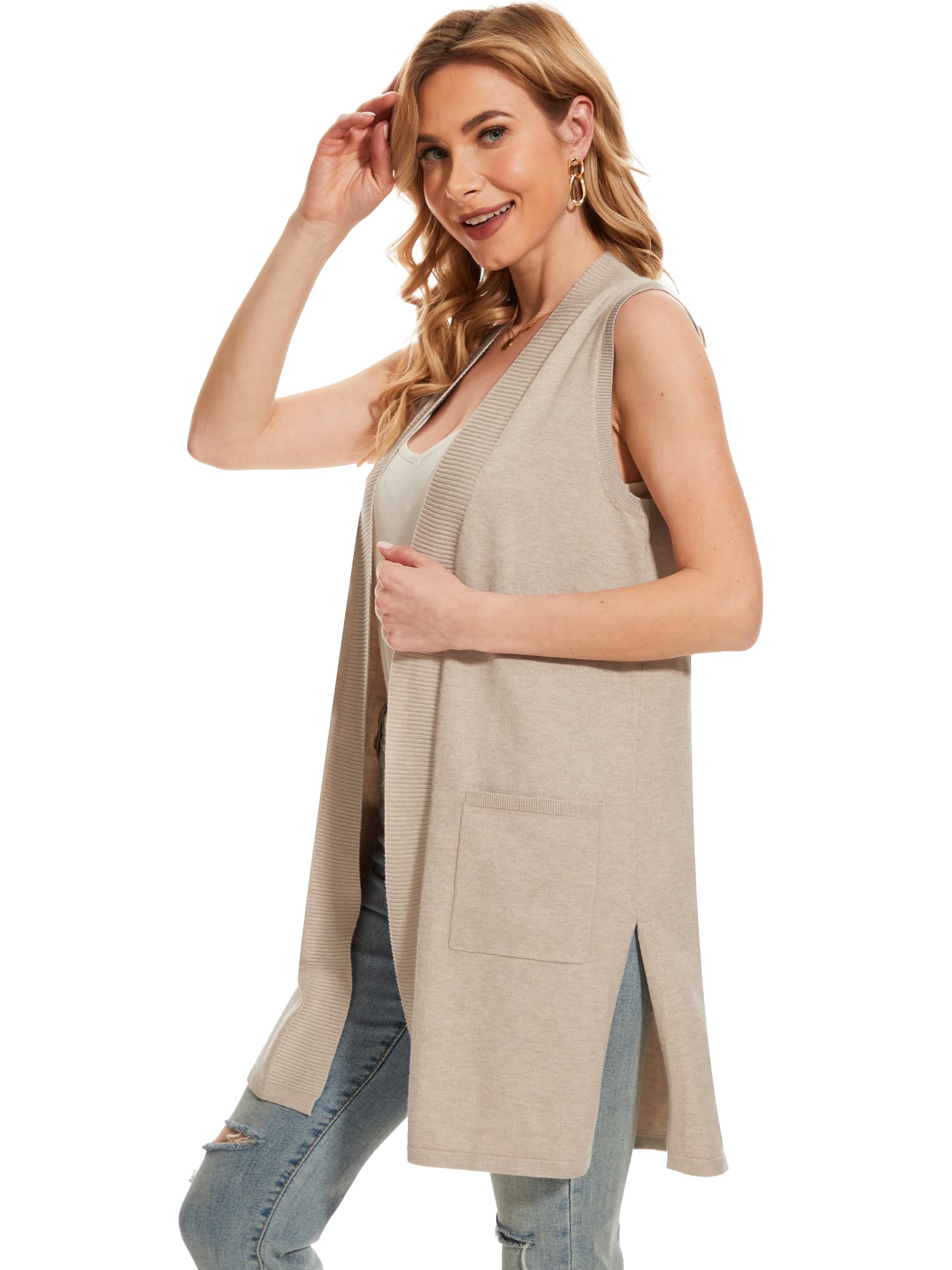 Women's Lightweight Sleeveless Moss Rose Long Vest - Ribbed Knit Open Front Cardigan with Pockets | Perfect for Layering, Casual Outfits & Spring/Fall Fashion
