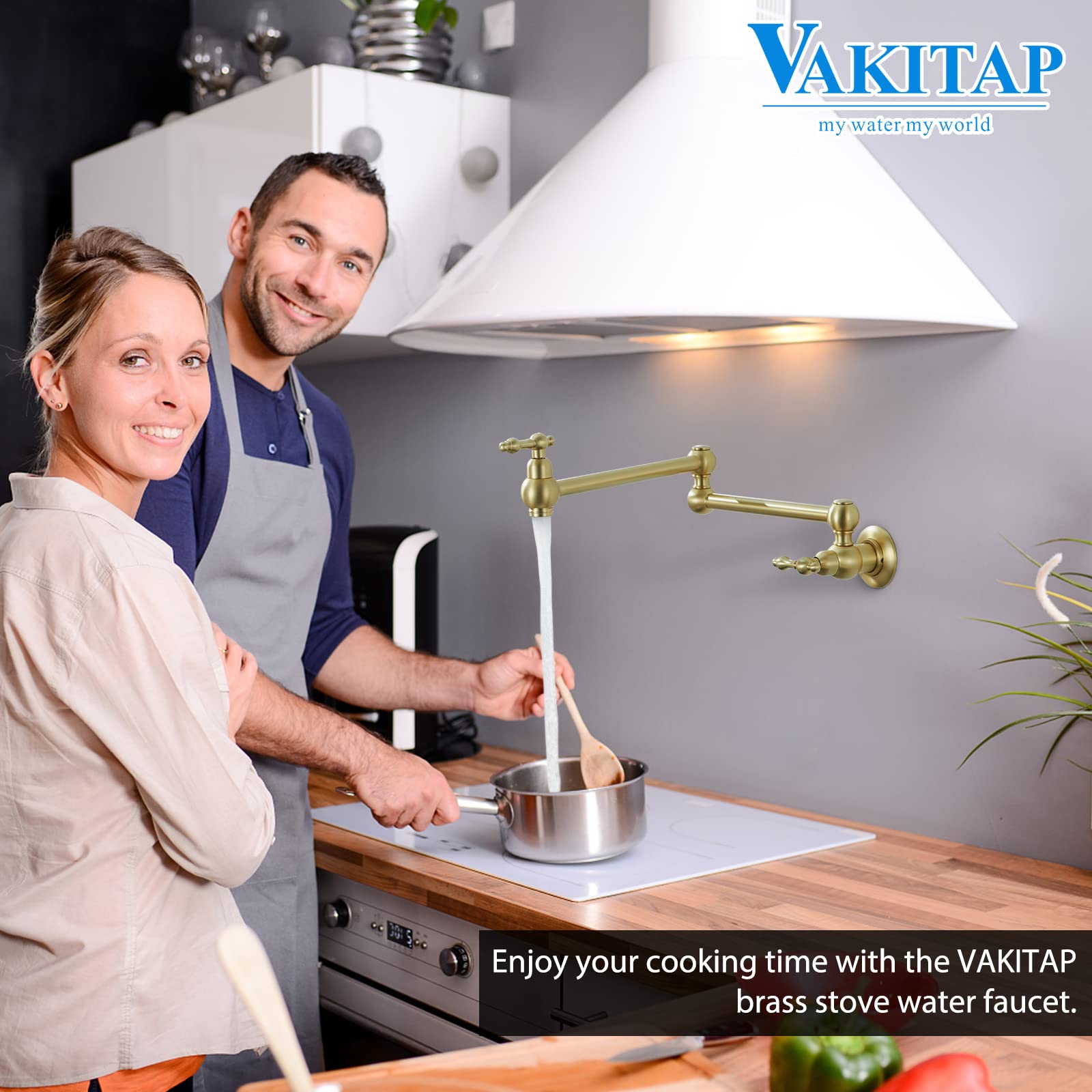 Brushed Gold Pot Filler Faucet - Wall Mount Brass Traditional Kitchen Faucet with Double Joint Swing Arms for Stove (3005-BG) - Perfect for Cooking, Soup Making & Pasta Preparation