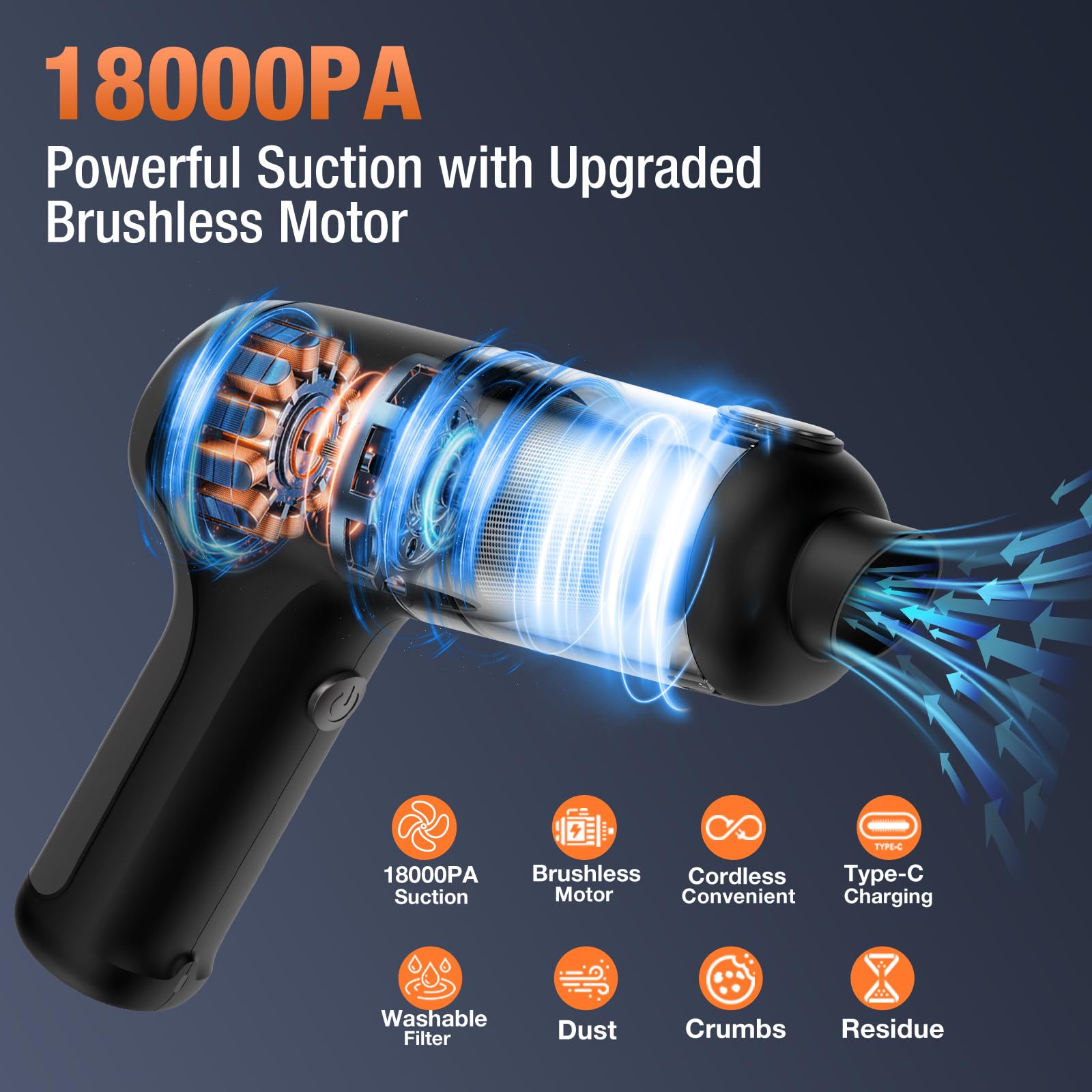 Rechargeable Cordless Handheld Mini Air Blower & Car Vacuum Cleaner - 18000Pa High Power Brushless Motor Electric Air Duster for Home, Car, Office & Workspace | Perfect for Cleaning Keyboards, Vents, Car Interiors & Small Spaces