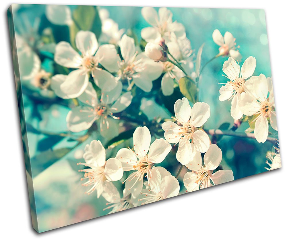 Cherry Blossom Teal Floral Canvas Art Print - 47x31 Inch Single Panel Framed Wall Decor - Handmade UK Artwork - Ready to Hang for Living Room, Bedroom & Office Decor