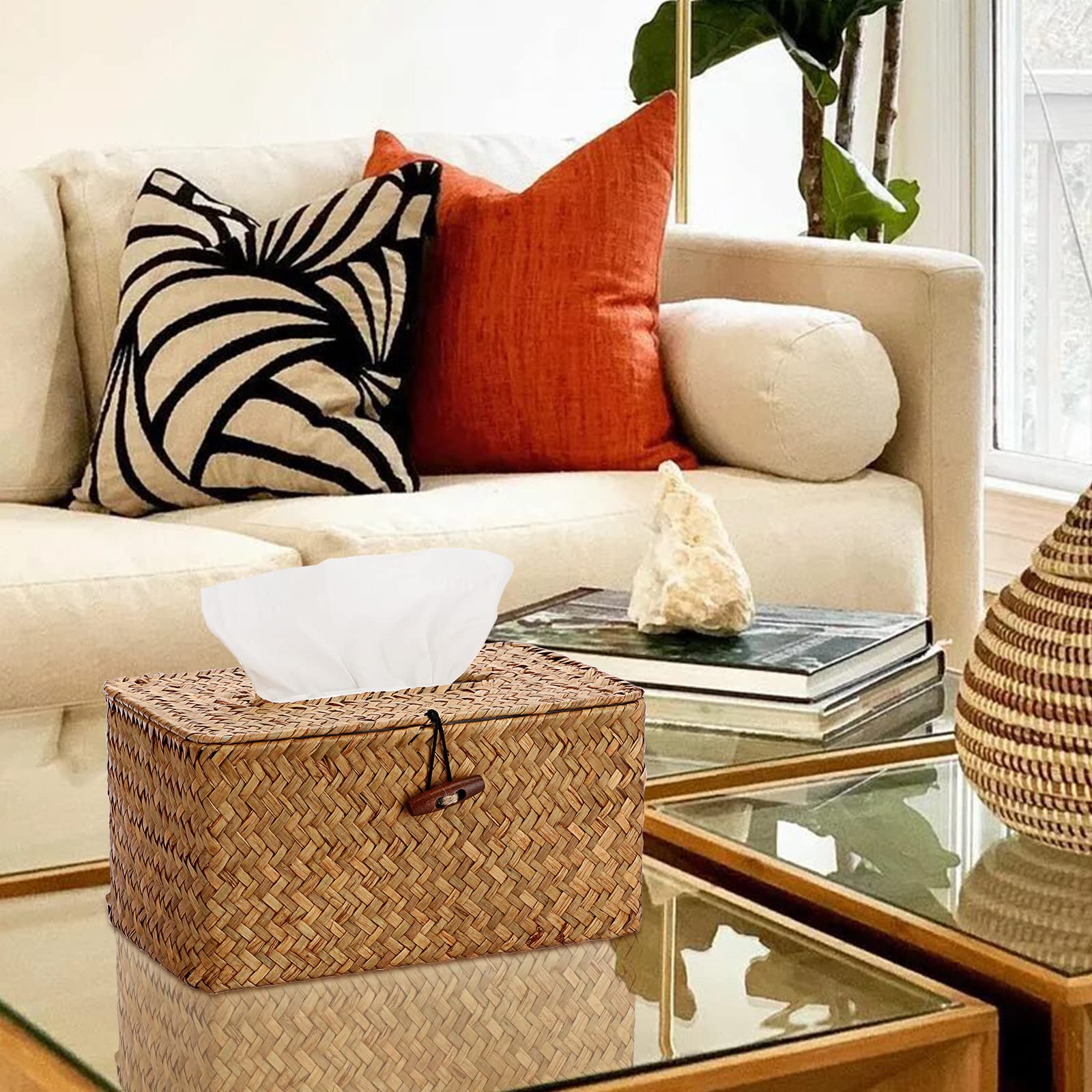 Large Rectangle Seagrass Tissue Box Cover - Woven Decorative Holder for Bathroom, Home, Office & Coffee Table | Natural Fiber Tissue Box Organizer for Living Room, Bedroom & Kitchen Decor