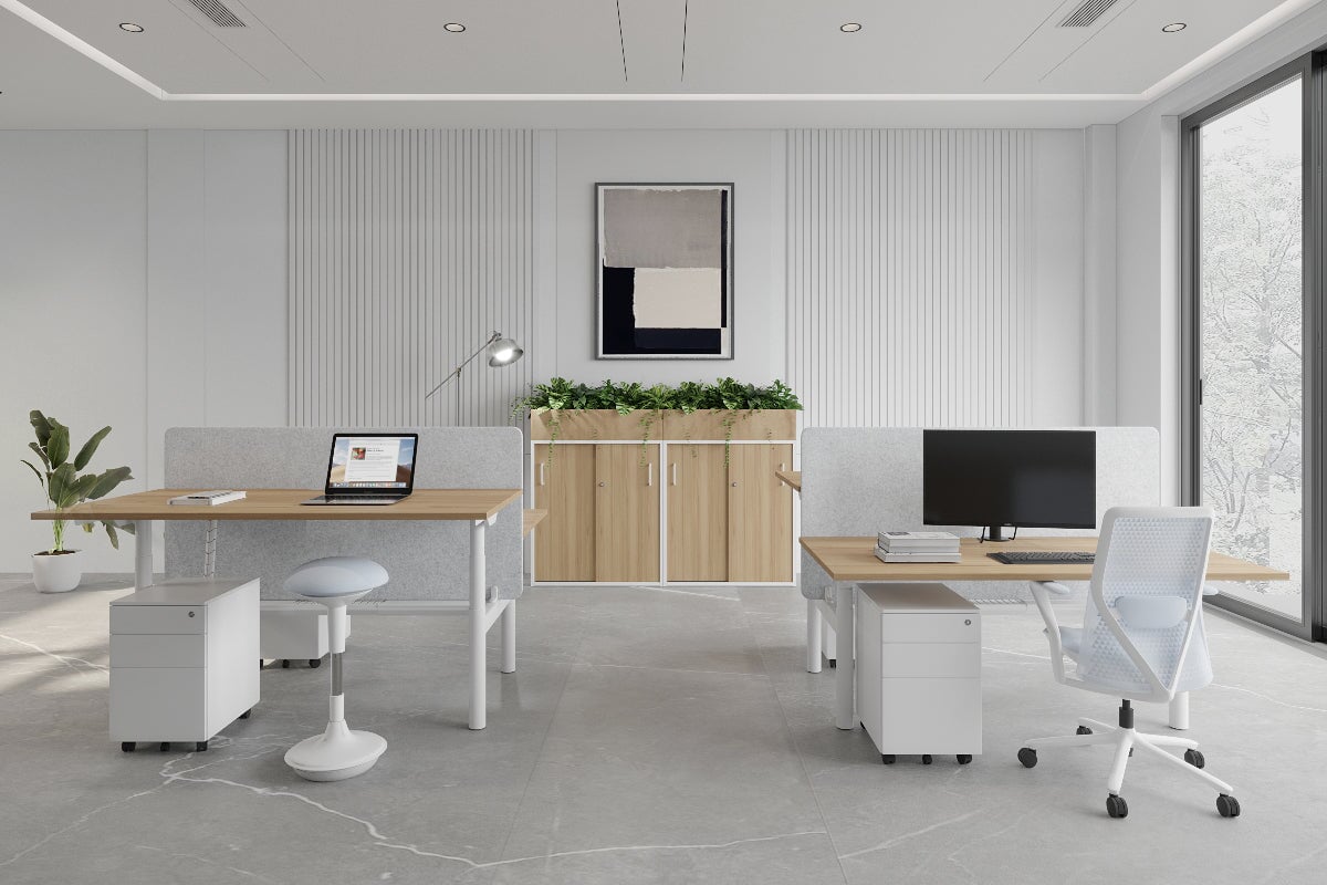 Flexi Premium Height Adjustable 2-Person H Bench Workstation - White Frame [1200L x 700W] - Ergonomic Office & Home Workspace Solution for Collaborative Teams
