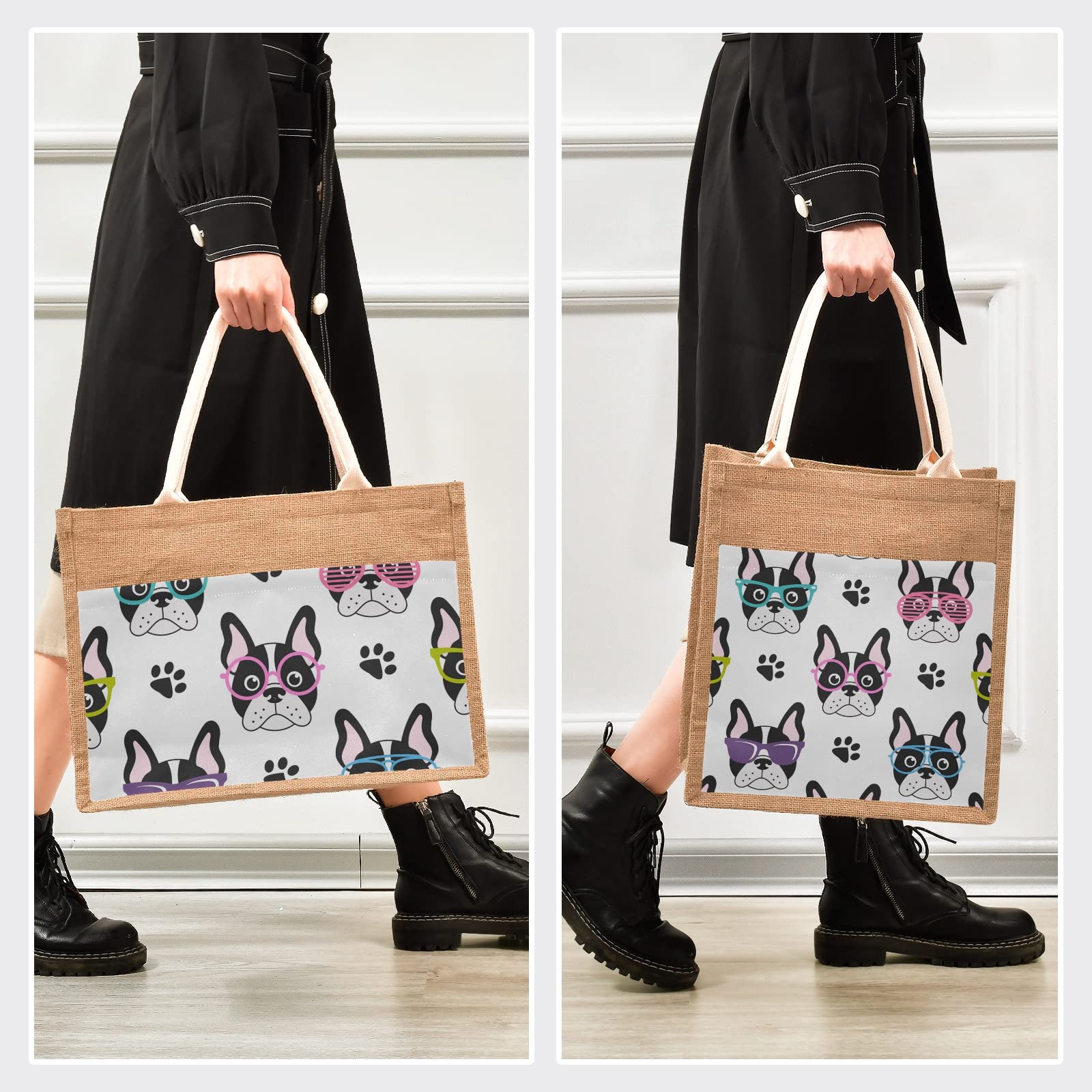 Stylish Sinestour French Bulldog Jute Tote Bag - Eco-Friendly Burlap Beach Bag with Handles for Shopping, Picnics & Summer Outings